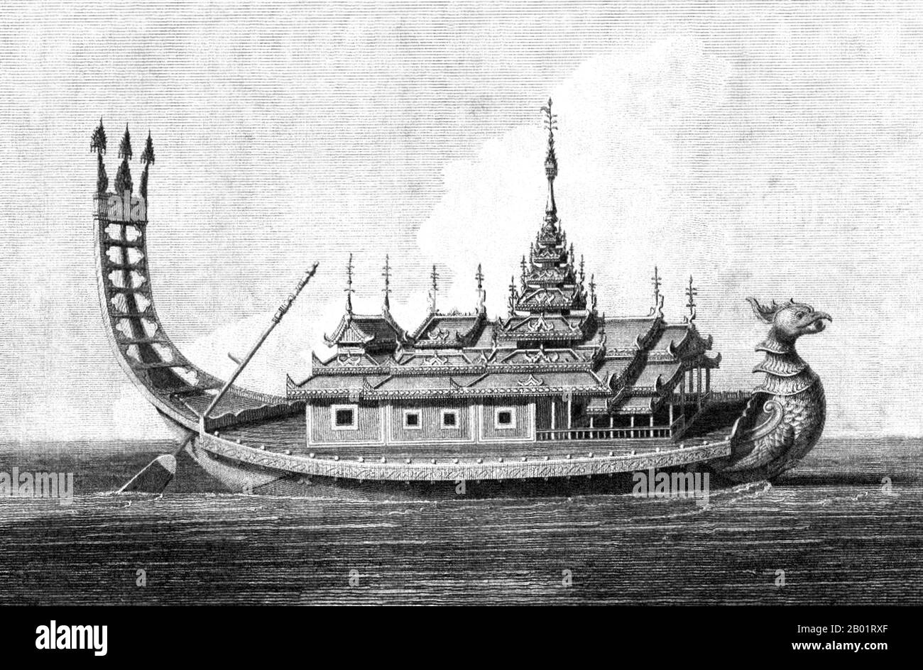 Birma/Myanmar: Shwe Phaungdawgyi oder Royal Golden Barge. Kupferstich von T. Medland aus einer Zeichnung von Singey Bey, 1799. Die Konbaung-Dynastie war die letzte Dynastie, die Birma (Myanmar) von 1752 bis 1885 regierte. Die Dynastie schuf das zweitgrößte Reich in der birmanischen Geschichte und setzte die Verwaltungsreformen fort, die von der Toungoo-Dynastie begonnen wurden, und legte den Grundstein für den modernen Staat Burma. Die Reformen erwiesen sich als unzureichend, um den Vormarsch der Briten einzudämmen, die die Burmesen in allen drei anglo-burmesischen Kriegen über einen Zeitraum von sechs Jahrzehnten (1824–1885) besiegten und die Jahrtausende alte burmesische Monarchie beendeten. Stockfoto
