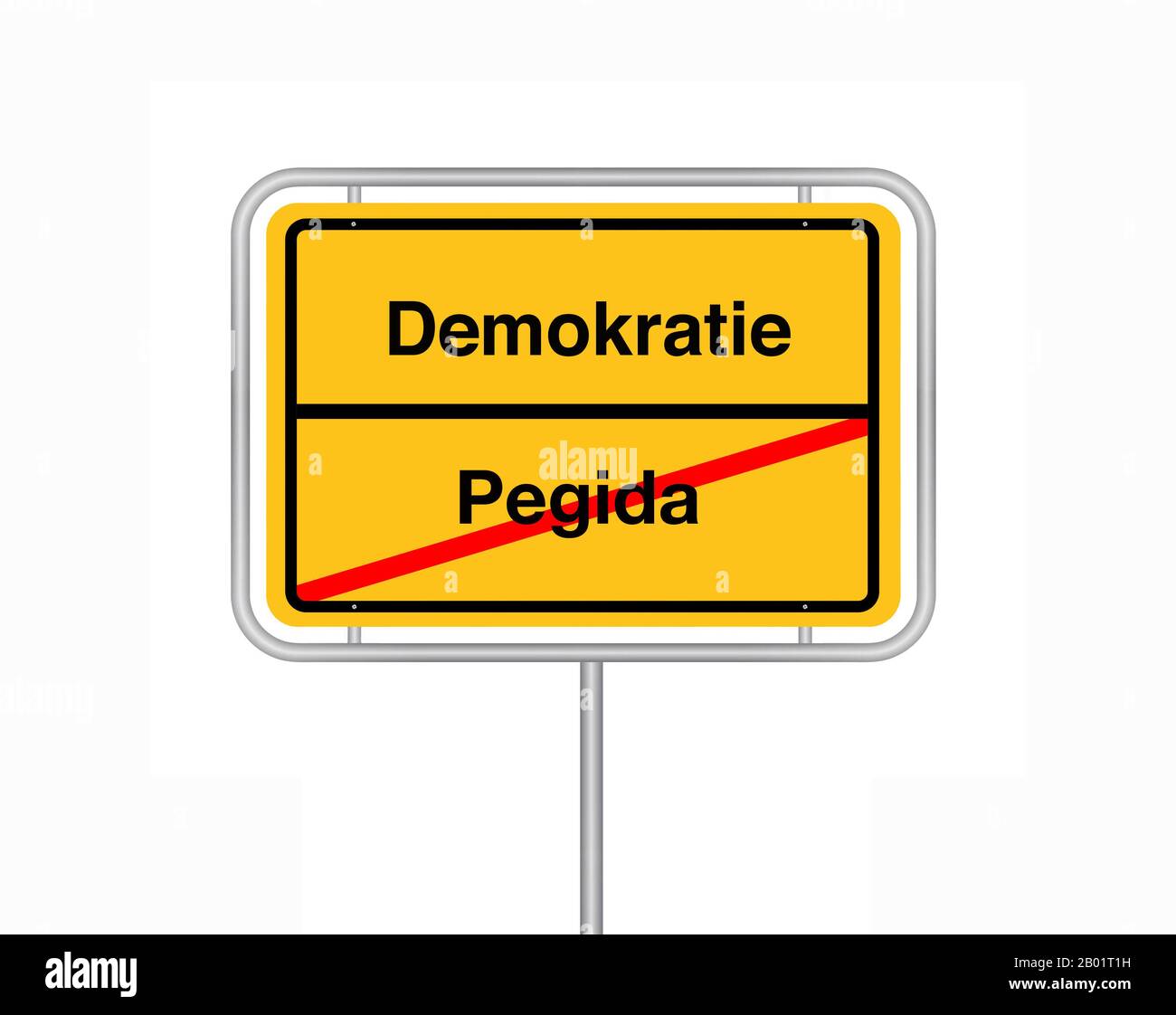 Stadtgrenzenschild Pegida - Demokratin, Pegida - Demokratie, Deutschland Stockfoto