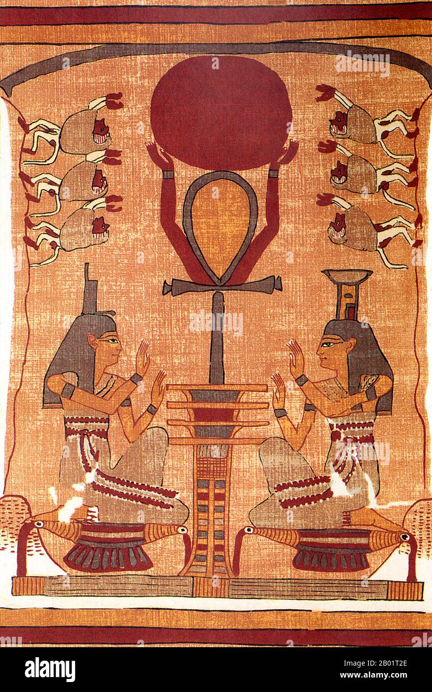 Ägypten: Anbetung des Sonnengottes Ra, dargestellt durch eine rote Scheibe, unterstützt von einem Ankh-Symbol für das Leben, während Isis, Nephthys und Paviane verehrt werden. Vignette aus dem Buch der Toten von Ani, Faksimile aus dem Jahr 1890, während das Originalkunstwerk aus dem Jahr 1300 v. Chr. stammt. RA ist der altägyptische Sonnengott. In der fünften Dynastie war er eine große Gottheit in der altägyptischen Religion geworden, die sich vor allem mit der Mittagssonne identifiziert hatte. Die Bedeutung des Namens ist ungewiss, aber es wird angenommen, dass es sich, wenn es nicht um ein Wort für Sonne handelt, um eine Variante von Wörtern, die „kreative Macht“ und „Schöpfer“ bedeuten, oder damit verknüpft ist. Stockfoto