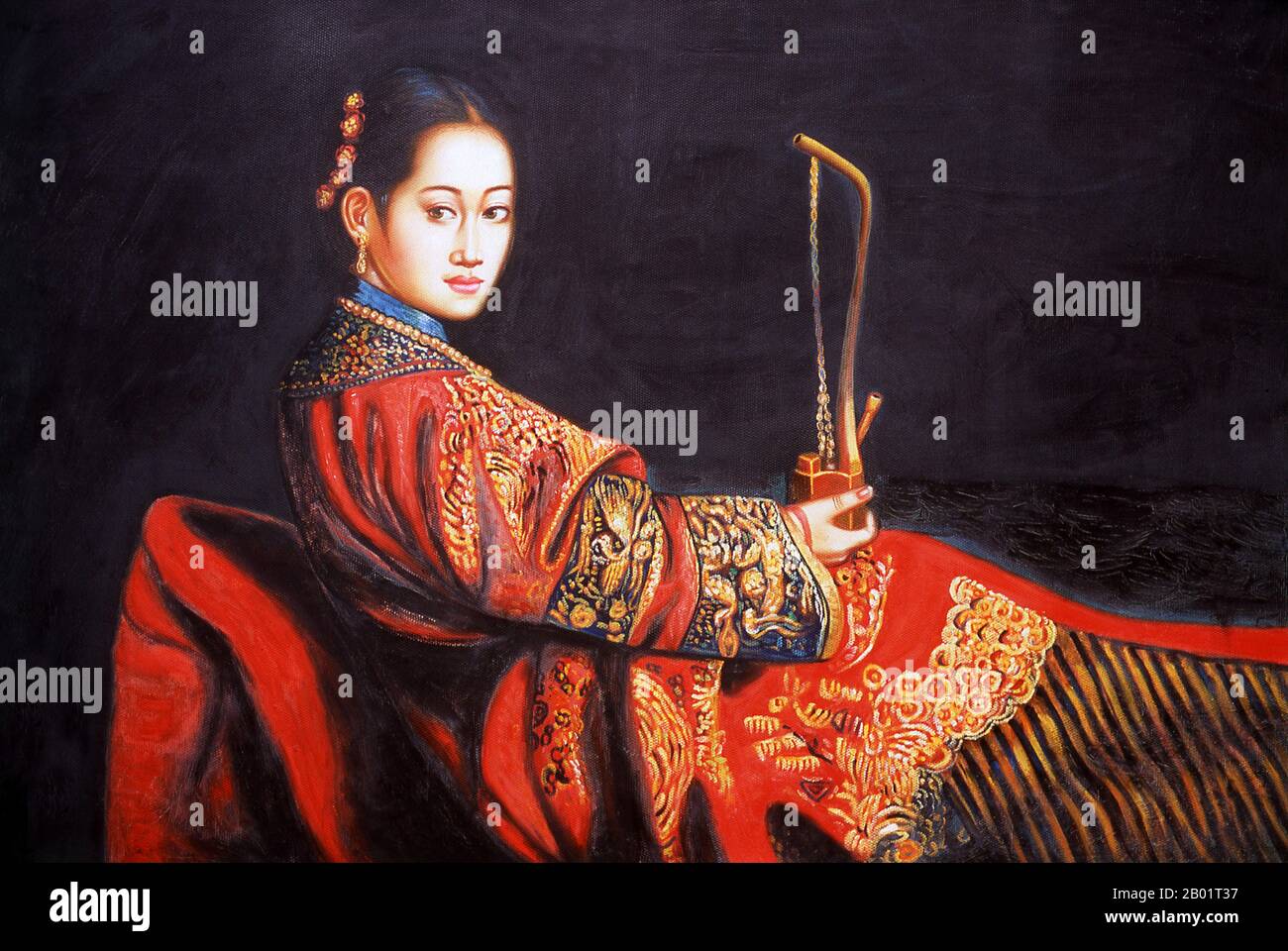 China: Konsorte Rong oder Iparhan, „die duftende Konkubine“ (1734-1788), des Kaisers Qianlong. Zeitgenössische Malerei (Ende des 20. Jahrhunderts) in Chinibagh, Kashgar. Die duftende Konkubine (chinesisch Xiāngfēi; uigurisch Iparxan, Khoja Iparhan) ist eine Figur der chinesischen Legende, die vom Kaiser Qianlong im 18. Jahrhundert als Gemahlin genommen wurde. Obwohl die Geschichten über sie für mythisch gehalten werden, basieren sie möglicherweise auf einer echten Konkubine aus Westchina, die 1760 in den Harem des Kaisers eintrat und den Hoftitel Rong Fei trug. Stockfoto
