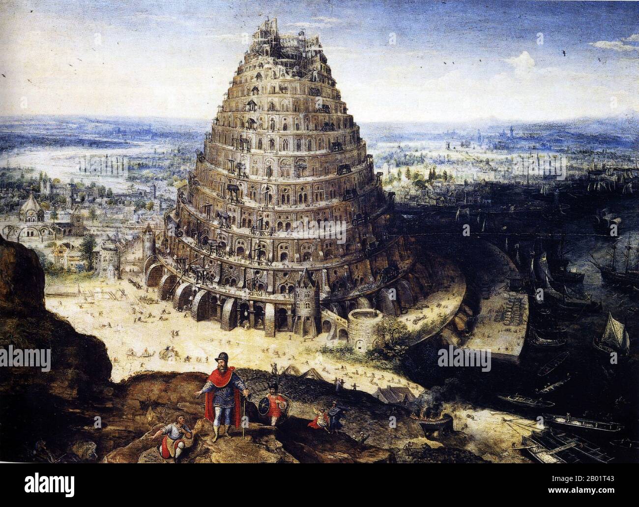 Belgien/Irak/Mesopotamien: "Der Turm von Babel". Öl auf Tafelgemälde von Lucas Van Valckenborch (1535 - 2. Februar 1597), 1594. Der Turm von Babel war nach dem Buch Genesis ein riesiger Turm, der in der Ebene von Shinar errichtet wurde. Nach der biblischen Erzählung kam eine vereinte Menschheit der Generationen nach der Großen Flut, die eine einzige Sprache sprach und aus dem Osten auswanderte, ins Land Shinar, wo sie beschlossen, eine Stadt mit einem Turm zu bauen, „mit seiner Spitze im Himmel... damit wir nicht auf der Erde verstreut werden“. Stockfoto