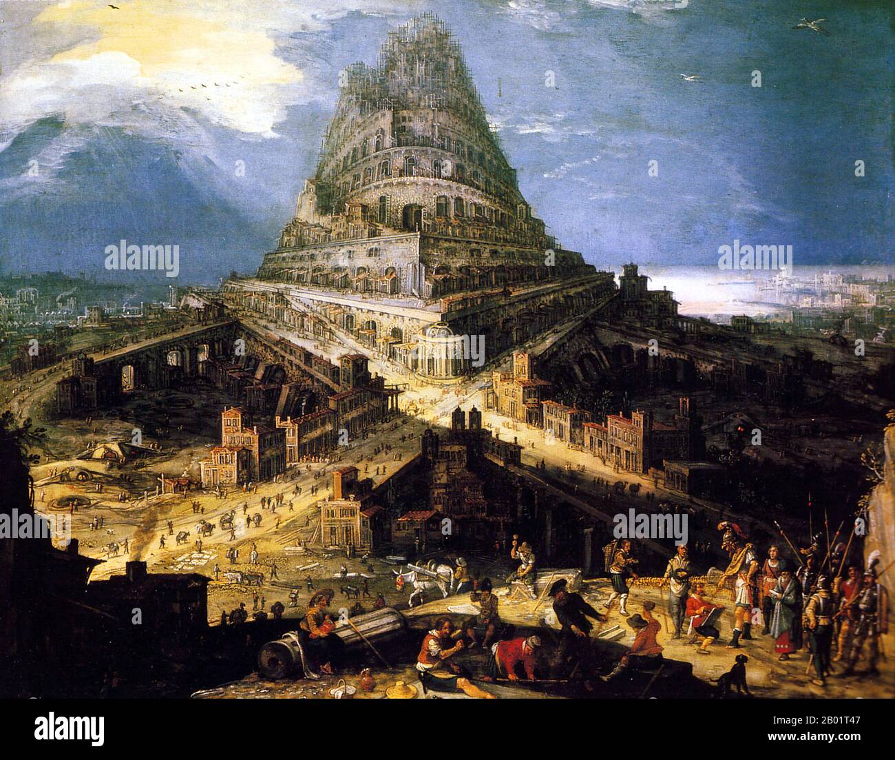 Belgien/Irak/Mesopotamien: "Der Turm von Babel". Öl auf Kupfermalerei von Hendrick Van Cleve (ca. 1525-1589), ca. 1560-1580. Der Turm von Babel war nach dem Buch Genesis ein riesiger Turm, der in der Ebene von Shinar errichtet wurde. Nach der biblischen Erzählung kam eine vereinte Menschheit der Generationen nach der Großen Flut, die eine einzige Sprache sprach und aus dem Osten auswanderte, ins Land Shinar, wo sie beschlossen, eine Stadt mit einem Turm zu bauen, „mit seiner Spitze im Himmel... damit wir nicht auf der Erde verstreut werden“. Stockfoto
