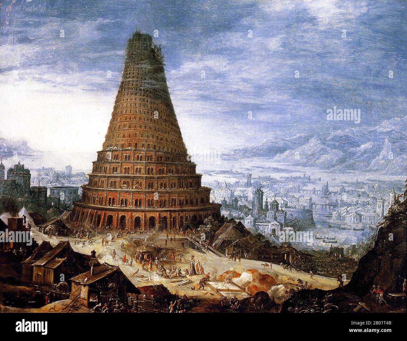 Belgien/Irak/Mesopotamien: "Das Gebäude des Turms von Babel". Ölgemälde von Pieter Bruegel dem Jüngeren (10. Oktober 1564 - 1638), 17. Jahrhundert. Der Turm von Babel war nach dem Buch Genesis ein riesiger Turm, der in der Ebene von Shinar errichtet wurde. Nach der biblischen Erzählung kam eine vereinte Menschheit der Generationen nach der Großen Flut, die eine einzige Sprache sprach und aus dem Osten auswanderte, ins Land Shinar, wo sie beschlossen, eine Stadt mit einem Turm zu bauen, „mit seiner Spitze im Himmel... damit wir nicht auf der Erde verstreut werden“. Stockfoto