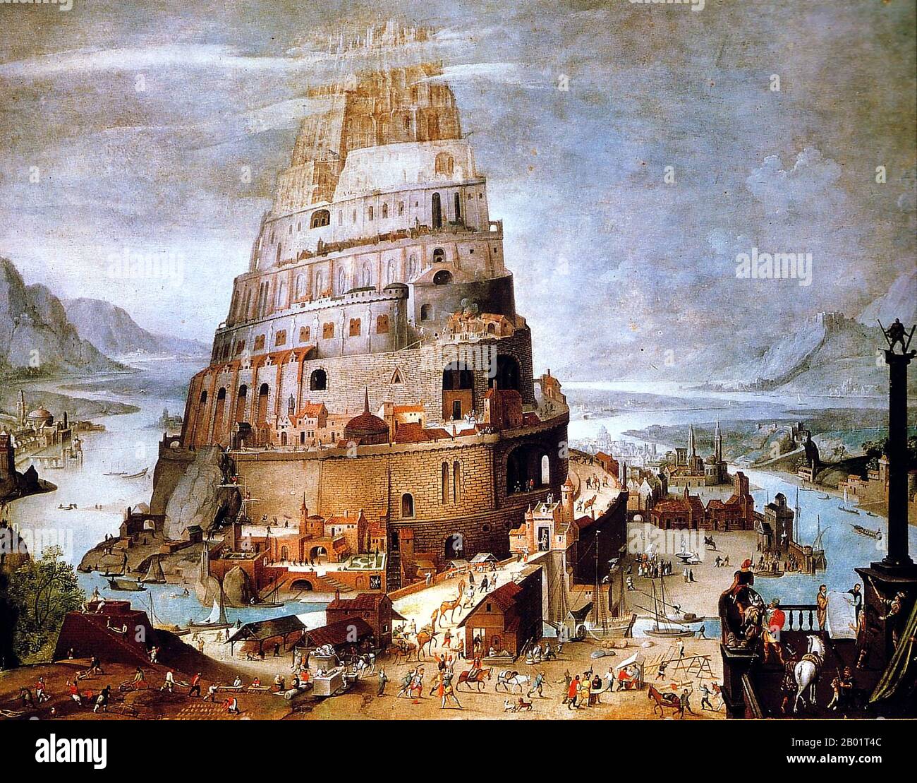 Belgien/Irak/Mesopotamien: "Das Gebäude des Turms von Babel". Öl auf Tafelgemälde von Abel Grimmer (1570-1619), 17. Jahrhundert. Der Turm von Babel war nach dem Buch Genesis ein riesiger Turm, der in der Ebene von Shinar errichtet wurde. Nach der biblischen Erzählung kam eine vereinte Menschheit der Generationen nach der Großen Flut, die eine einzige Sprache sprach und aus dem Osten auswanderte, ins Land Shinar, wo sie beschlossen, eine Stadt mit einem Turm zu bauen, „mit seiner Spitze im Himmel... damit wir nicht auf der Erde verstreut werden“. Stockfoto