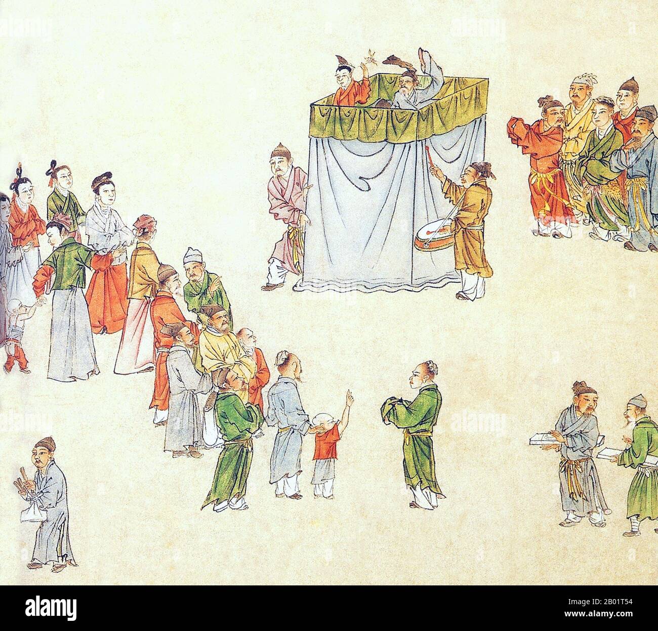 China: Eine Marionettenshow zieht ein Publikum an. Handschriftenbild der Yuan Dynastie, 14. Jahrhundert. Geschichtenerzähler und Puppenspieler in China unterhielten Stadtbewohner mit den gleichen Geschichten, die Dramatiker in ihre dramatischen Texte einarbeiteten. Detail aus einer Handrolle aus dem 14. Jahrhundert in Tinte und Farbe auf Papier. Stockfoto
