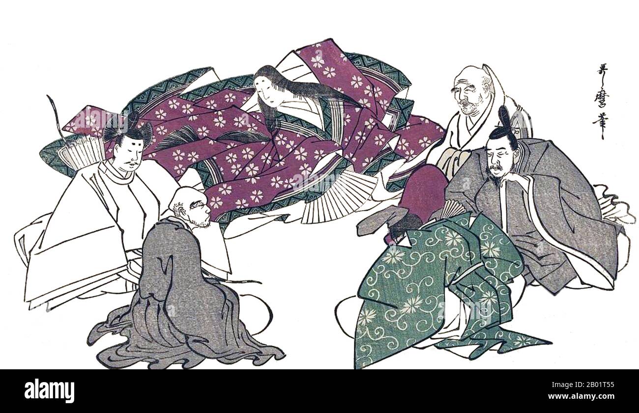 Japan: Lady Murasaki Shikibu (ca. 973–1025), Dichterin und Schriftstellerin im Gespräch mit fünf männlichen Hofdichtern. Holzschnitt von Utagawa Kitamaro (1753 - 31. Oktober 1806), ca. 1795-1806. Murasaki Shikibu war eine japanische Schriftstellerin, Dichterin und Hofdame während der Heian-Zeit. Sie ist bekannt als die Autorin der Geschichte von Genji, die zwischen 1000 und 1012 auf Japanisch geschrieben wurde. Murasaki Shikibu ist ein Spitzname; ihr richtiger Name ist unbekannt, aber sie könnte Fujiwara Takako gewesen sein, die 1007 in einem Tagebuch des Hofes als kaiserliche Dame in Warten erwähnt wurde. Stockfoto