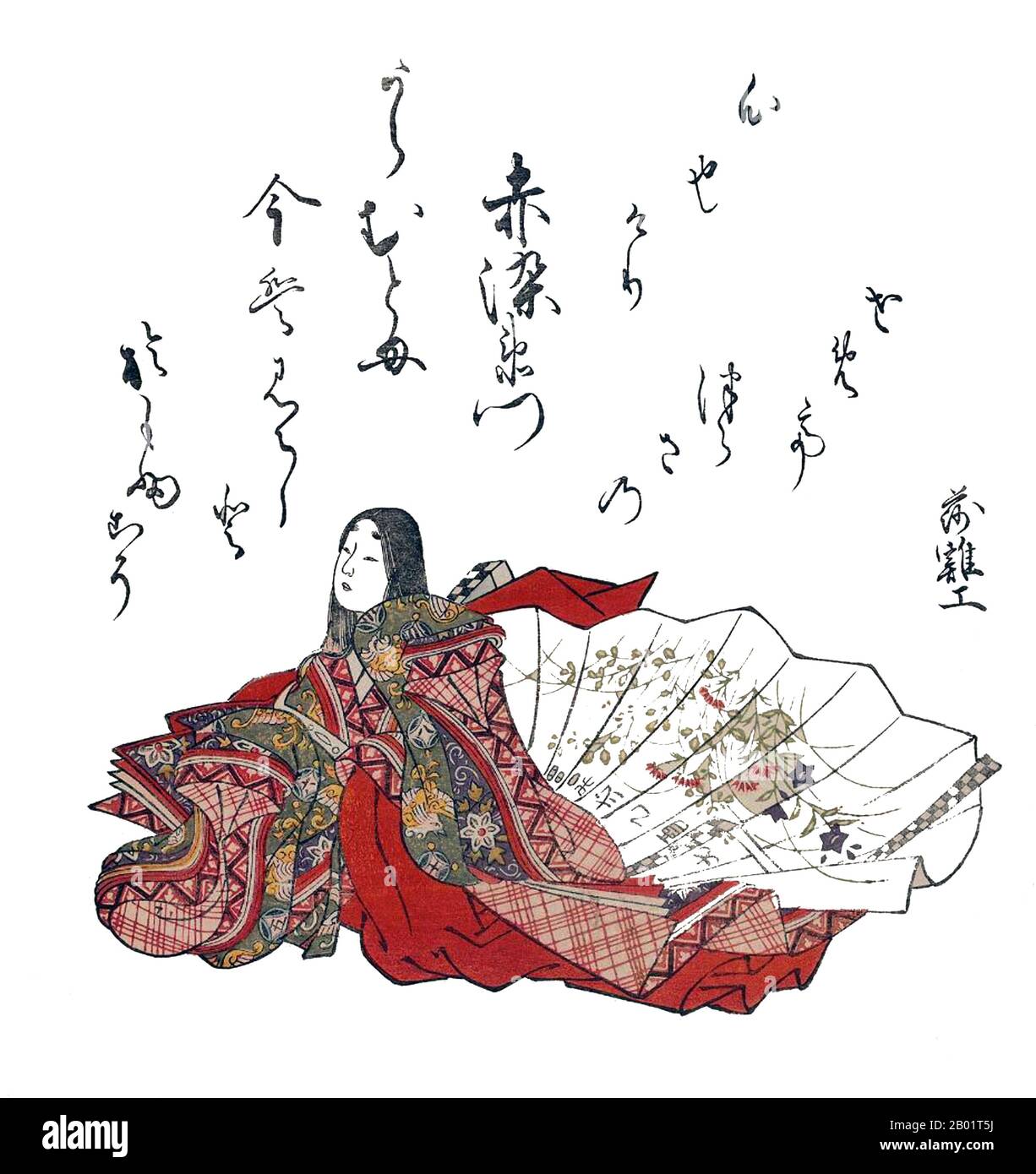 Japan: Akazome Emon (956–1041), Heian Hofdichter. Ukiyo-e Holzblock-Druck von Komatsuken Kiyomitsu (18. Jahrhundert), 1765. Akazome Emon war ein japanischer Waka-Dichter und früherer Historiker, der in der Mitte der Heian-Zeit lebte. Sie ist Mitglied der Sixunddreißig ältere poetische Weisen (Chūko Sanjūrokkasen) und der Sixunddreißig weibliche poetische Weisen (Nyōbō Sanjūrokkasen). Stockfoto