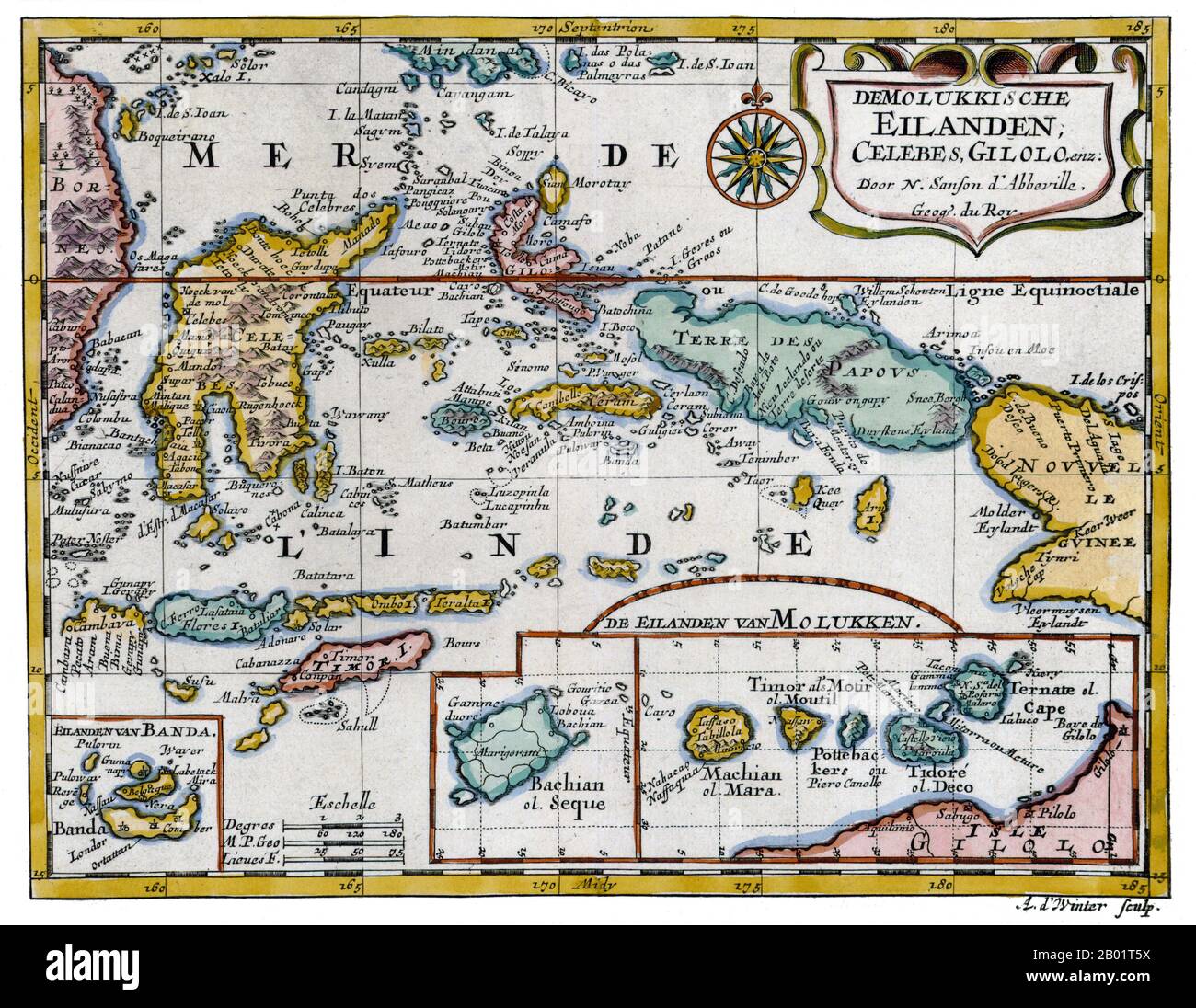 Indonesien: "Die Mioluccas, Celebes, Gilolo". Kupferstichkarte von Nicolas Sanson, Utrecht, 1683. Die Maluku-Inseln (auch bekannt als Molukken, Molukken-Inseln und Gewürzinseln) sind ein Archipel, der Teil Indonesiens und der größeren maritimen Region Südostasien ist. Tektonisch befinden sie sich auf der Halmahera-Platte innerhalb der Molucca Sea Collision Zone. Geografisch liegen sie östlich von Sulawesi (Celebes), westlich von Neuguinea und nördlich und östlich von Timor. Die meisten Inseln sind bergig, einige mit aktiven Vulkanen, und genießen ein feuchtes Klima. Stockfoto