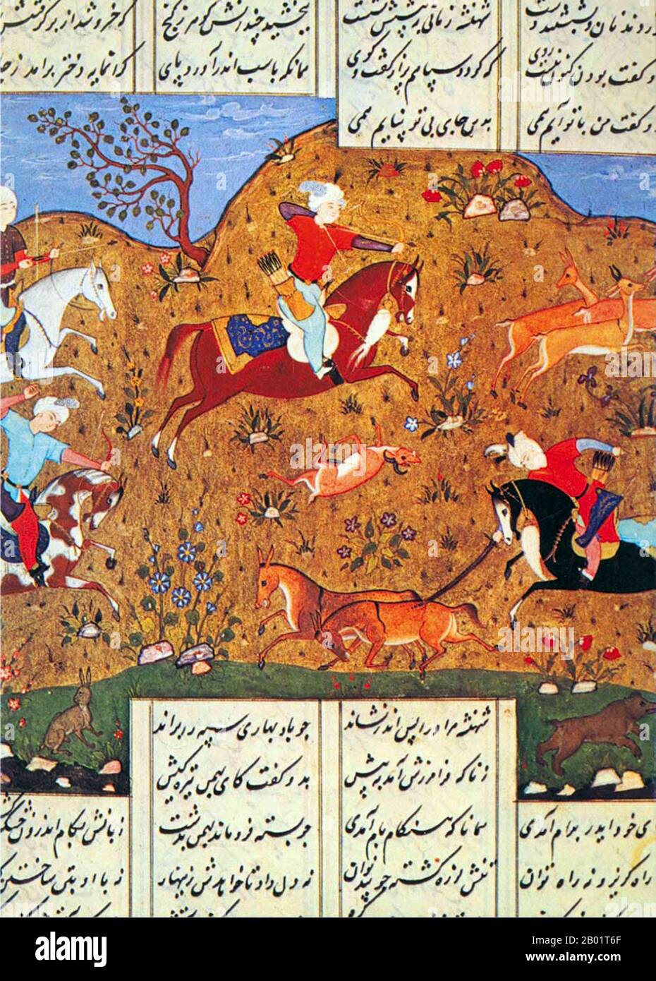 Iran/Persien: Eine Jagdszene. Safawiden-Miniaturmalerei, 16.-17. Jahrhundert. Eine persische Miniatur ist ein kleines Gemälde auf Papier, sei es eine Buchillustration oder ein separates Kunstwerk, das in einem Album mit solchen Werken aufbewahrt werden soll, das Muraqqa genannt wird. Die Techniken sind weitgehend mit den westlichen und byzantinischen Traditionen von Miniaturen in beleuchteten Manuskripten vergleichbar. Obwohl die persische Tradition der Wandmalerei ebenso weit verbreitet ist, ist die Überlebensrate und der Erhaltungszustand der Miniaturen besser, und Miniaturen sind die bekannteste Form der persischen Malerei im Westen. Stockfoto