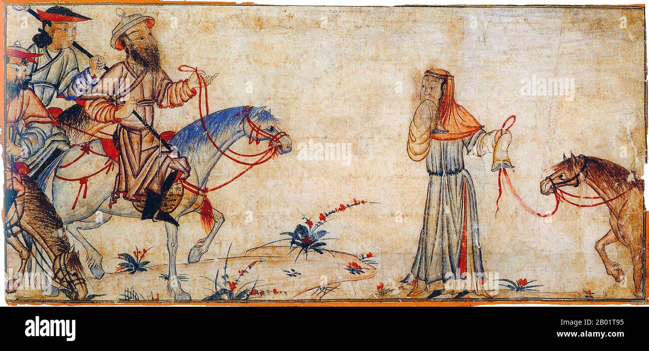 Iran/Persien: Ein mongolischer Herrscher hört auf die Beschwerde einer Frau. Aquarellmalerei von Rashid al-DIN, Jami al-Tawarikh, um 1305 n. Chr. Das Jāmiʿal-tawārīkh („Kompendium der Chroniken“) ist ein iranisches Literatur- und Geschichtswerk, das Rashid-al-DIN Hamadani zu Beginn des 14. Jahrhunderts geschrieben hat. Stockfoto