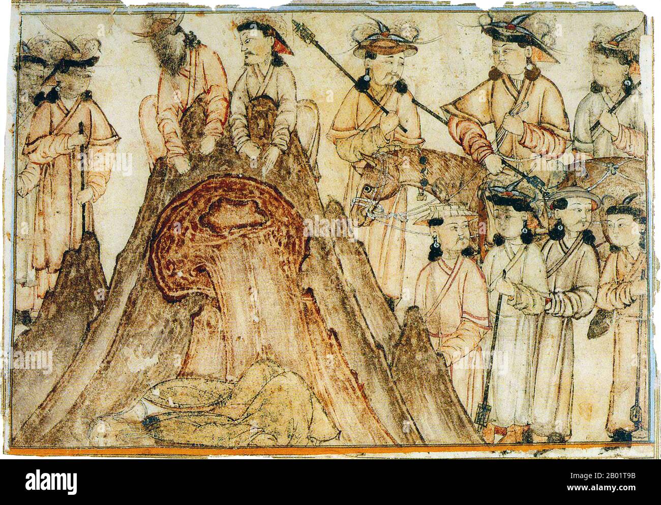 Iran/Persien: Hinrichtung durch Abwerfen einer Klippe. Aquarellmalerei von Rashid al-DIN, Jami al-Tawarikh, um 1305 n. Chr. Das Jāmi’ al-tawārīkh („Kompendium der Chroniken“) ist ein iranisches Literatur- und Geschichtswerk, das Rashid-al-DIN Hamadani zu Beginn des 14. Jahrhunderts geschrieben hat. Stockfoto