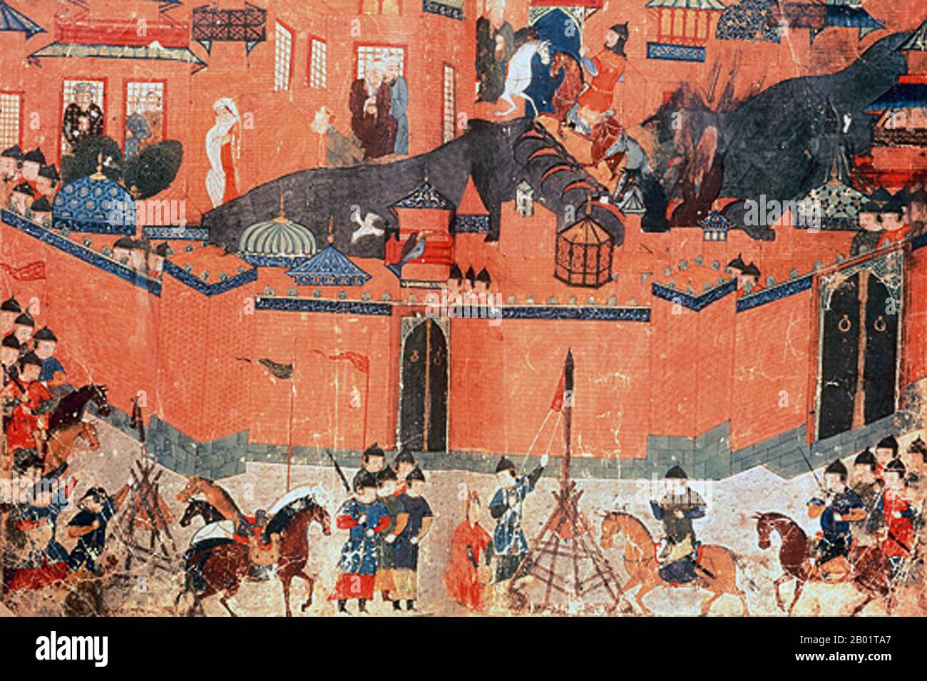 Iran/Persien: Die mongolische Belagerung Bagdads, 1258. Aquarellmalerei von Rashid al-DIN, Jami al-Tawarikh, um 1305 n. Chr. Das Jāmiʿ al-tawārīkh („Kompendium der Chroniken“) ist ein iranisches Literatur- und Geschichtswerk, das Rashid-al-DIN Hamadani zu Beginn des 14. Jahrhunderts geschrieben hat. Stockfoto