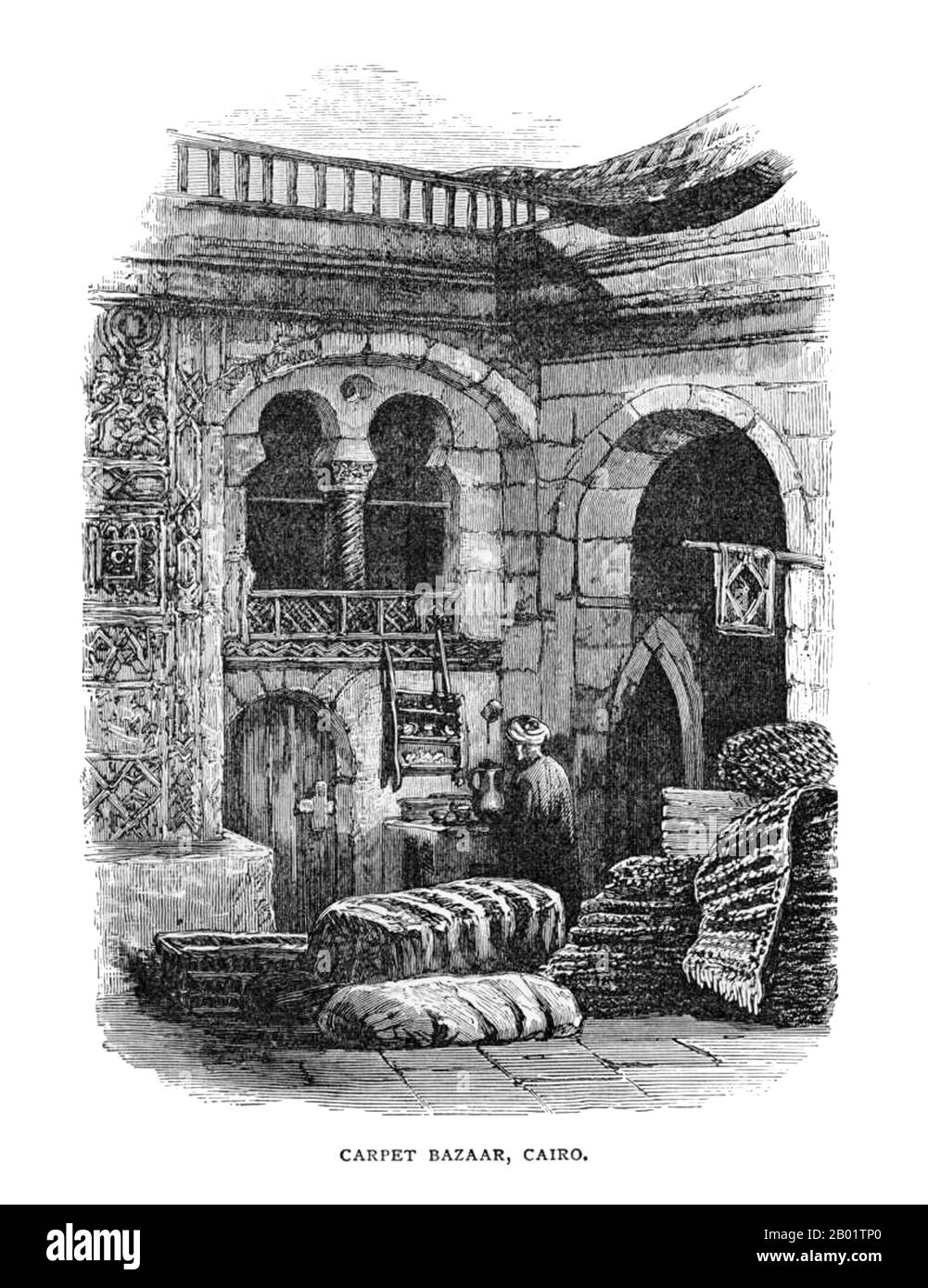 Ägypten: Ein Teppichbasar in Kairo. Gravur, 1890. Ein authentischer orientalischer Teppich ist ein handgefertigter Teppich, der entweder mit einem Stapel geknüpft oder ohne Stapel gewebt wird. Per Definition - Orientteppiche sind Teppiche, die aus dem Orient kommen. Die einfache Definition des Begriffs wäre - Teppiche, die aus einem asiatischen Land stammen (hergestellt wurden) wie China und Vietnam im Osten bis zur Türkei, Maghreb-Länder, Zypern und Iran im Westen und dem Kaukasus im Norden bis Indien im Süden. Menschen aus verschiedenen Kulturen, Ländern, ethnischen Gruppen und religiösen Glaubensrichtungen sind an der Herstellung orientalischer Teppiche beteiligt. Stockfoto