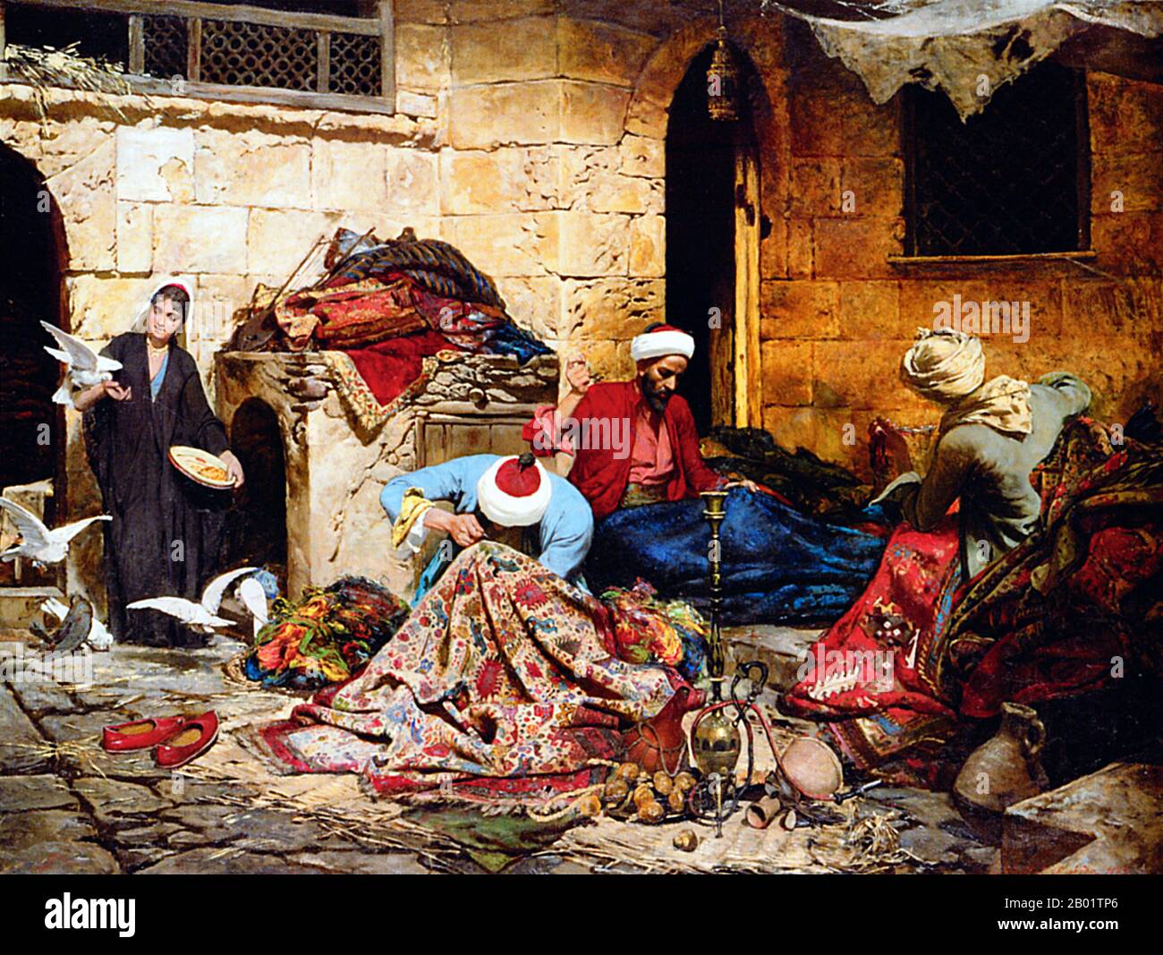 Österreich/Indien: „The Carpet Menders“. Ölgemälde auf Leinwand von Rudolf Swoboda (4. Oktober 1859 - 24. Januar 1914), 1883. Rudolf Swoboda der Jüngere war ein österreichischer Maler des 19. Jahrhunderts, geboren in Wien. Er studierte bei Leopold Carl Müller und reiste 1880 mit ihm nach Ägypten. Er war ein bekannter Orientalist. 1886 beauftragte Königin Victoria Swoboda, mehrere indische Handwerker zu malen, die im Rahmen der Vorbereitungen zum Goldenen Jubiläum nach Windsor gebracht worden waren. Victoria mochte die entstandenen Gemälde so sehr, dass sie Swobodas Weg nach Indien bezahlte, um mehr ihrer indischen Motive zu malen Stockfoto