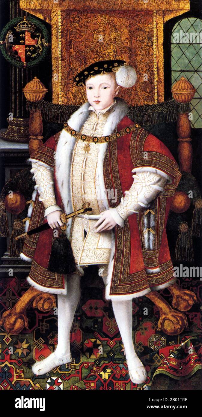 England: König Eduard VI. (12. Oktober 1537 bis 6. Juli 1553), vertreten auf einem orientalischen Teppich („Holbein“). Ölgemälde auf Leinwand aus der Werkstatt von Meister Johannes (Fl. 1525-1574), um 1547. Eduard VI. War vom 26. Januar 1547 bis zu seinem Tod 1553 König von England und Irland, gekrönt im Alter von neun Jahren. Er war der einzige überlebende Sohn Heinrichs VIII. Von seiner dritten Frau Jane Seymour. Aufgrund seines Alters wurde sein Reich von einem regentschaftsrat regiert. Eduards Herrschaft wurde von wirtschaftlichen und sozialen Unruhen beeinträchtigt, was zu Aufständen und Rebellionen führte. Er führte einen teuren und erfolglosen Krieg gegen Schottland. Stockfoto
