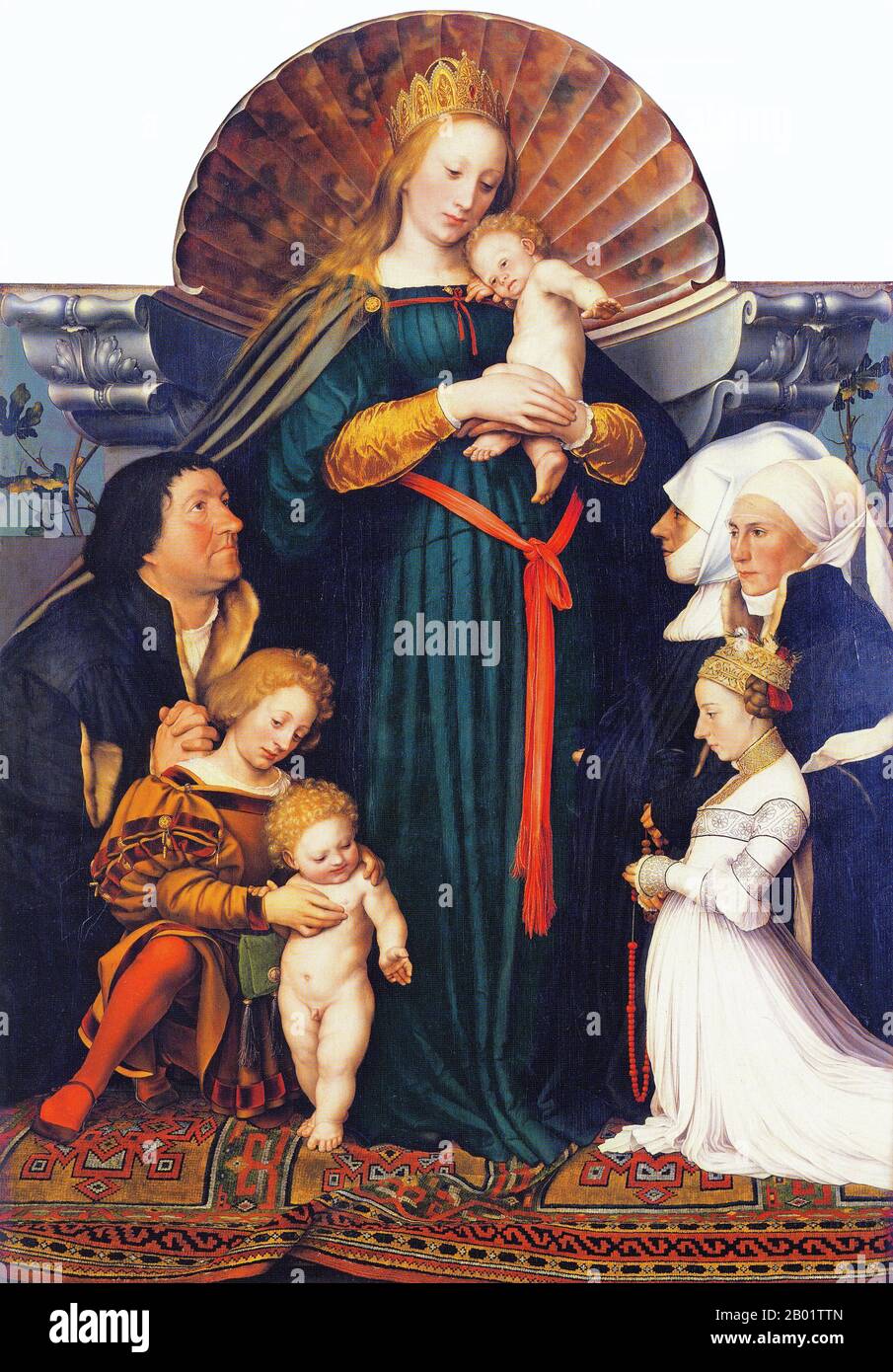 Deutschland: "Darmstadt Madonna". Öl auf Lindenholzgemälde von Hans Holbein dem Jüngeren (1497-1543), um 1525. Hans Holbein der Jüngere war ein deutsch-schweizerischer Maler und Printmacher des Nördlichen Renaissance-Stils, der von vielen als einer der größten Porträtisten des 16. Jahrhunderts angesehen wurde. Zu seinen Werken zählte auch reformatorische Propaganda, religiöse Kunst und Satire, und er war ein einflussreicher Autor der Geschichte des Buchdesigns. Er war auch King’s Painter to Heinrich VIII. Von England, seine Porträts der königlichen Familie und des Adels eine wichtige erhaltene Aufzeichnung des englischen Hofes. Stockfoto