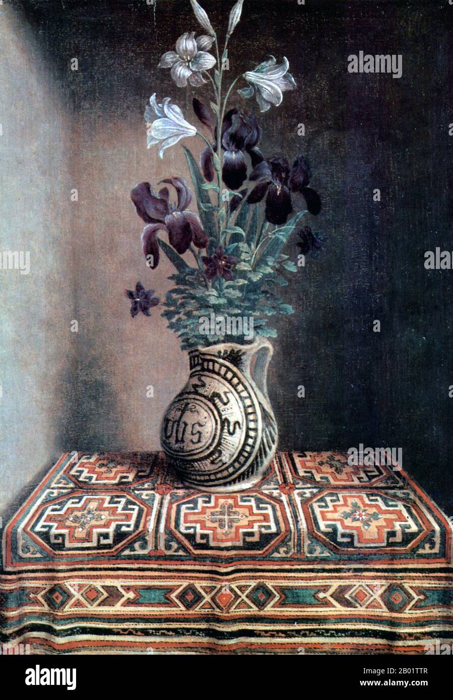 Belgien/Niederlande: Stillleben mit einem Krug mit Blumen. Öl auf Tafelmalerei von Hans Memling (ca. 1433-1494), um 1480. Hans Memling/Memlinc war ein deutsch-flämischer Maler aus der frühen niederländischen Maltradition. Geboren am Mittelrhein, machte er eine Lehre in den Niederlanden und verbrachte Zeit in Brüssel. 1465 wurde er Bürger von Brügge und einer der führenden Künstler und Meister einer großen Werkstatt. Er wurde einer der reichsten Bürger der Stadt. Stockfoto