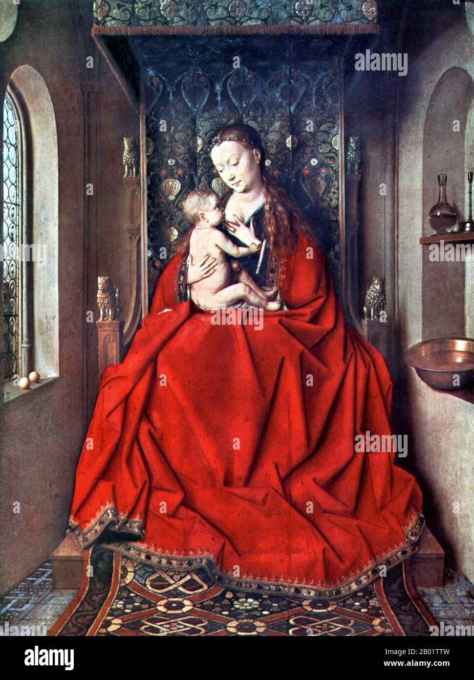 Niederlande: "Lucca Madonna". Öl auf Holzgemälde von Jan van Eyck (ca. 1390–1441), ca. 1430 Jan van Eyck war ein flämischer Maler, der hauptsächlich in Brügge tätig war und einer der frühen Erfinder dessen war, was als frühe niederländische Malerei bekannt wurde. Er war ein bedeutender Vertreter der Kunst der frühen nördlichen Renaissance und arbeitete an den Höfen zahlreicher Herrscher und Adliger, wie Philipp dem Guten, Herzog von Burgund. Jan, der von Philipp sehr geschätzt wurde, reiste oft in seinem Namen während diplomatischer Besuche. Rund 20 Gemälde werden ihm zuversichtlich zugeschrieben. Stockfoto