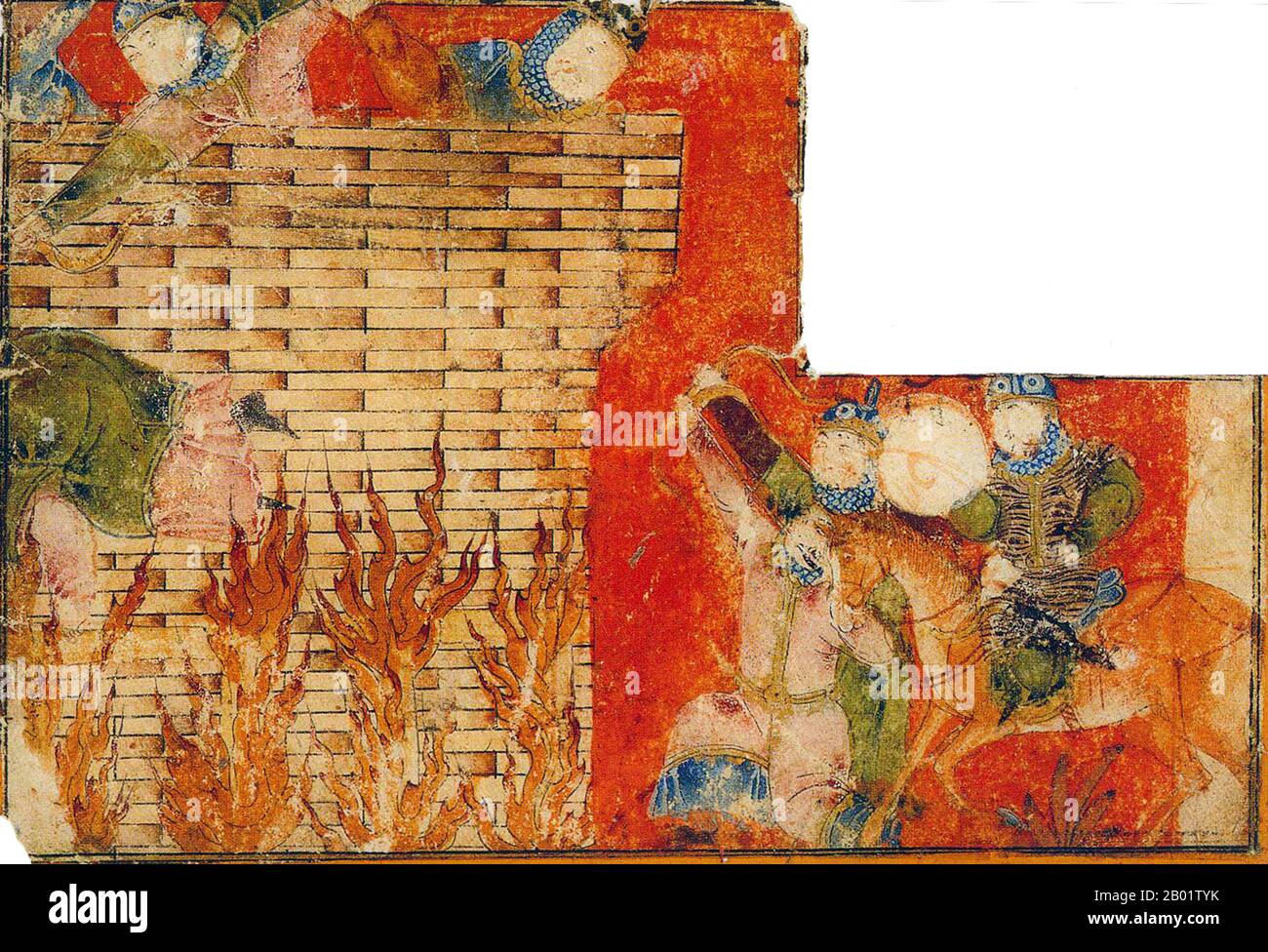 Iran/Persien: Ein Angriff auf eine Burg, der wahrscheinlich die Belagerung der turanischen Festung Bidad darstellt. Der Mann mit dem Tigerfell ist Rustam. Illustration aus einem Shahnameh aus dem frühen 14. Jahrhundert, Isfahan. Das Schahnameh oder Schah-nama („das Buch der Könige“) ist ein langes episches Gedicht des persischen Dichters Ferdowsi zwischen 977 und 1010 n. Chr. und ist das nationale Epos des Iran und verwandter persoiranischer Kulturen. Mit rund 60.000 Versen erzählt das Shahnameh die mythische und teilweise auch historische Vergangenheit des Großirans von der Entstehung der Welt bis zur islamischen Eroberung Persiens im 7. Jahrhundert. Stockfoto