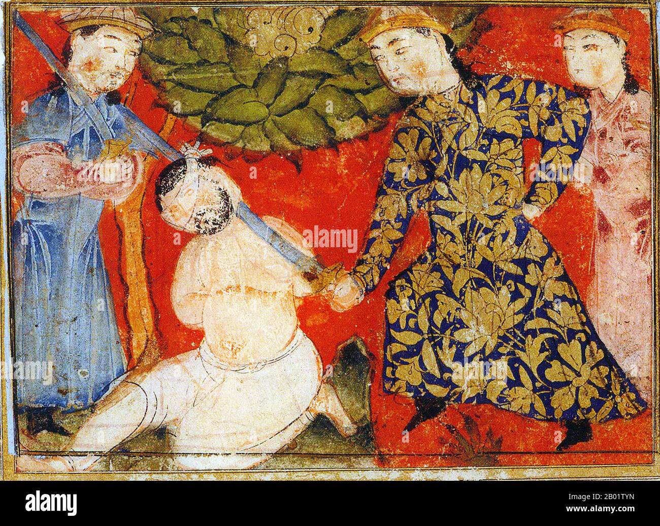 Iran/Persien: Eine Enthauptung, die möglicherweise die Hinrichtung des turanischen Herrschers Afrasiab durch den iranischen König darstellt. Illustration aus einem Shahnameh aus dem frühen 14. Jahrhundert, Isfahan. Das Schahnameh oder Schah-nama („das Buch der Könige“) ist ein langes episches Gedicht des persischen Dichters Ferdowsi zwischen 977 und 1010 n. Chr. und ist das nationale Epos des Iran und verwandter persoiranischer Kulturen. Mit rund 60.000 Versen erzählt das Shahnameh die mythische und teilweise auch historische Vergangenheit des Großirans von der Entstehung der Welt bis zur islamischen Eroberung Persiens im 7. Jahrhundert. Stockfoto