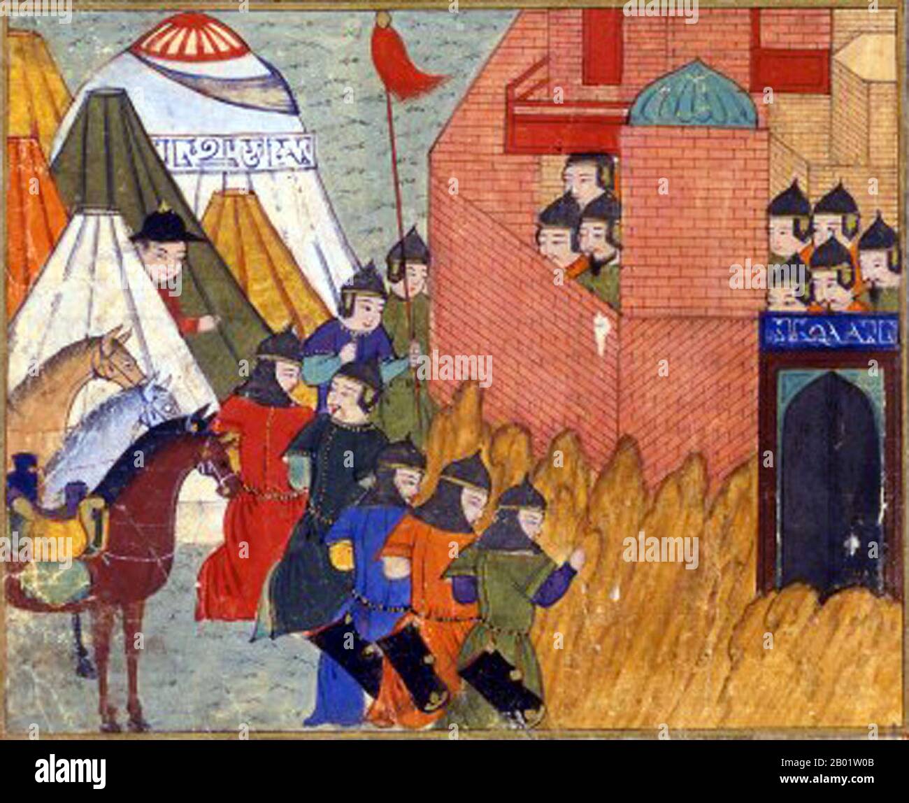 Iran/Persien/Mongolei: Belagerung von Erbil (1258-1259). Miniaturmalerei aus Rashid al-DIN (1247-1318) Jami al-Tawarikh, um 1305. Das Jāmiʿ al-tawārīkh („Kompendium der Chroniken“) ist ein iranisches Literatur- und Geschichtswerk, das Rashid al-DIN Hamadani zu Beginn des 14. Jahrhunderts geschrieben hat. Stockfoto