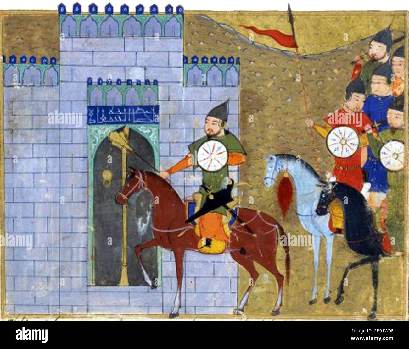 Iran/Persien/Mongolei: Belagerung Pekings (1213-1214). Miniaturmalerei aus Rashid al-Dins Jami al-Tawarikh, um 1305. Das Jāmi’ al-tawārīkh („Kompendium der Chroniken“) ist ein iranisches Literatur- und Geschichtswerk, das Rashid-al-DIN Hamadani zu Beginn des 14. Jahrhunderts geschrieben hat. Stockfoto