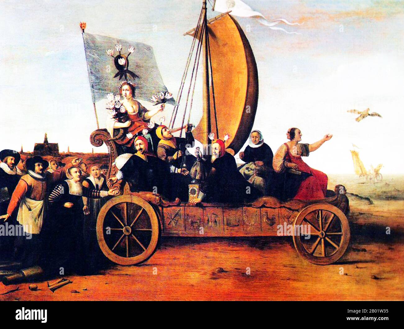 Niederlande/Holland: Flora's Crazy Wagon/Wagon of Narols. Öl auf Tafelmalerei von Hendrik Gerritsz Pot (1580-1657), 1637. Ein satirischer Kommentar über den Tulip Mania-Wahnsinn, der Holland in den 1630er Jahren heimsuchte Gefolgt von Haarlemer Webern, die ihre Webstühle verlassen haben, vom Wind geweht und eine Flagge mit Tulpen, Flora, die Göttin der Blumen, ihre Arme mit Tulpen beladen, reiten zusammen mit Trinkern, Geldwechslern und der zweigesichtigen Göttin Fortuna in die Zerstörung im Meer. Stockfoto