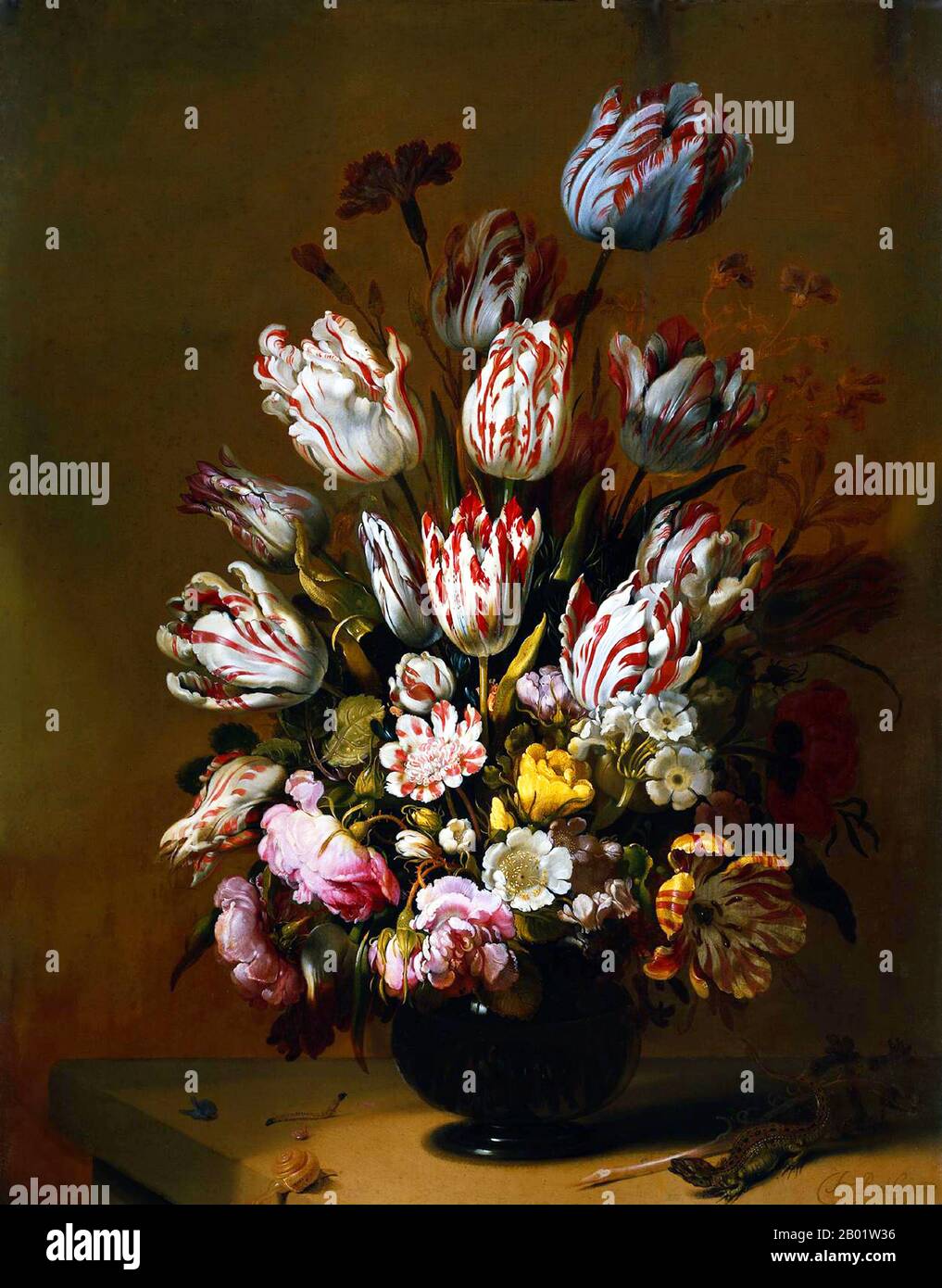 Niederlande / Holland: Stillleben mit Blumen. Öl auf Tafelgemälde von Hans Bollongier (Fl. 1623-1672), 1639, mit der Tulpe „Semper Augustus“, Sternblüte des Phänomens „Tulipomania“. Tulpenmanie oder Tulipomania (niederländische Namen sind: Tulpenmanie, Tulpomanie, Tulpenwoede, Tulpengekte und bollengekte) war eine Periode im niederländischen Goldenen Zeitalter, in der die Vertragspreise für Zwiebeln der kürzlich eingeführten Tulpe außergewöhnlich hoch erreichten und dann plötzlich zusammenbrachen. Stockfoto