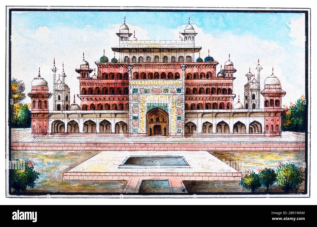 Indien: Das Mausoleum des Mogul-Kaisers Akbar aus dem frühen 17. Jahrhundert. Aquarellmalerei der East India Company, 19. Jahrhundert. Das Grabmal des Dritten Mogulkaisers Akbar (R. 1556–1605) ist ein wichtiges architektonisches Meisterwerk des Moguls, das 1605-1613 erbaut wurde und auf einem 119 Hektar großen Grundstück in Sikandra, einem Vorort von Agra, Uttar Pradesh, Indien, liegt. Kaiser Akbar selbst begann seinen Bau um 1600, nach zentralasiatischer Tradition, mit dem Bau seines Grabes zu Lebzeiten zu beginnen. Akbar selbst plante sein eigenes Grab und wählte einen geeigneten Ort aus. Er wurde von seinem Sohn fertiggestellt. Stockfoto