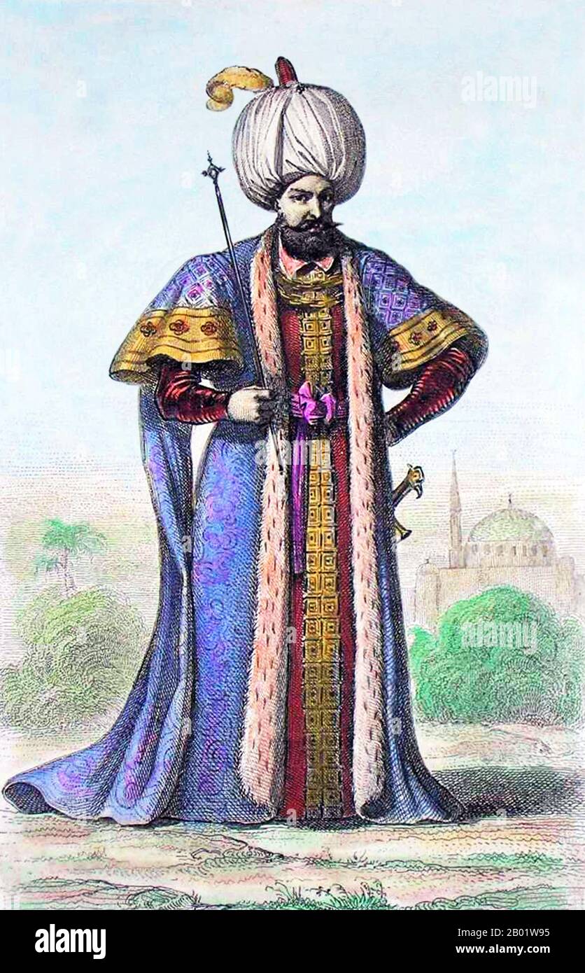 Türkei/Frankreich: Osmanischer Sultan Suleyman der prächtige (6. November 1494 bis 7. September 1566). Illustration von Joseph Marie Jouannin (1783-1844), um 1840. Sultan Suleyman I. (R. 1520–1566), auch bekannt als „Suleyman the Magnificent“ und „Suleyman the Lawmaker“, war der 10. Und längste regierende Sultan des Osmanischen Reiches. Er führte seine Armeen persönlich an, um Siebenbürgen, das Kaspische Land, einen Großteil des Nahen Ostens und den Maghreb zu erobern. Suleyman führte weitreichende Reformen in der türkischen Gesetzgebung, im Bildungswesen, im Steuerrecht und im Strafrecht ein und wurde als Dichter und Goldschmied hoch respektiert. Stockfoto