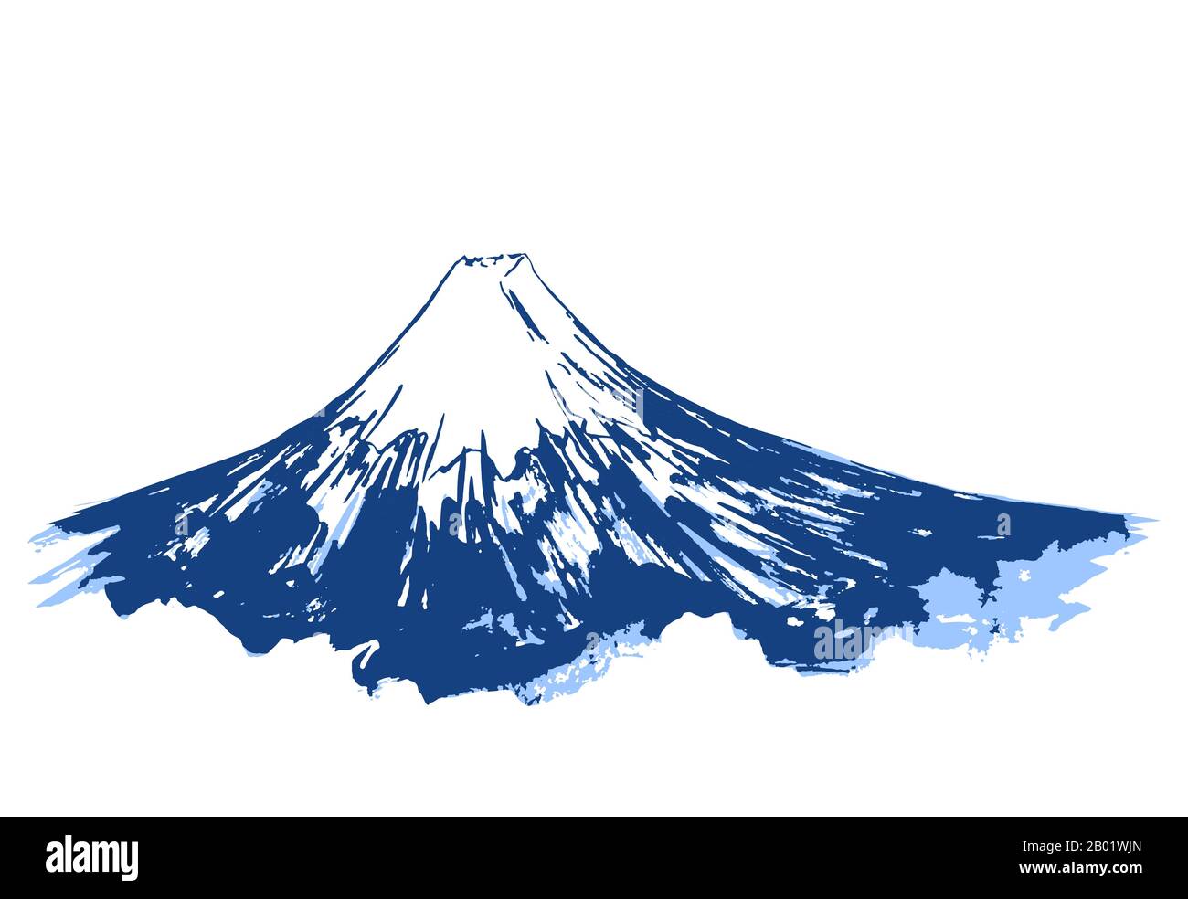 Fuji-Mount-Tinte mit handgezeichneter Kunst, japanische Berge im vektoralen Kalligraphie-Stil mit Pinsel. Mount Fuji mit Schneepunkt, Japan und Tokyo Wahrzeichen Symbol Tinte Skizze Grafik mit Pinselstruktur Stock Vektor