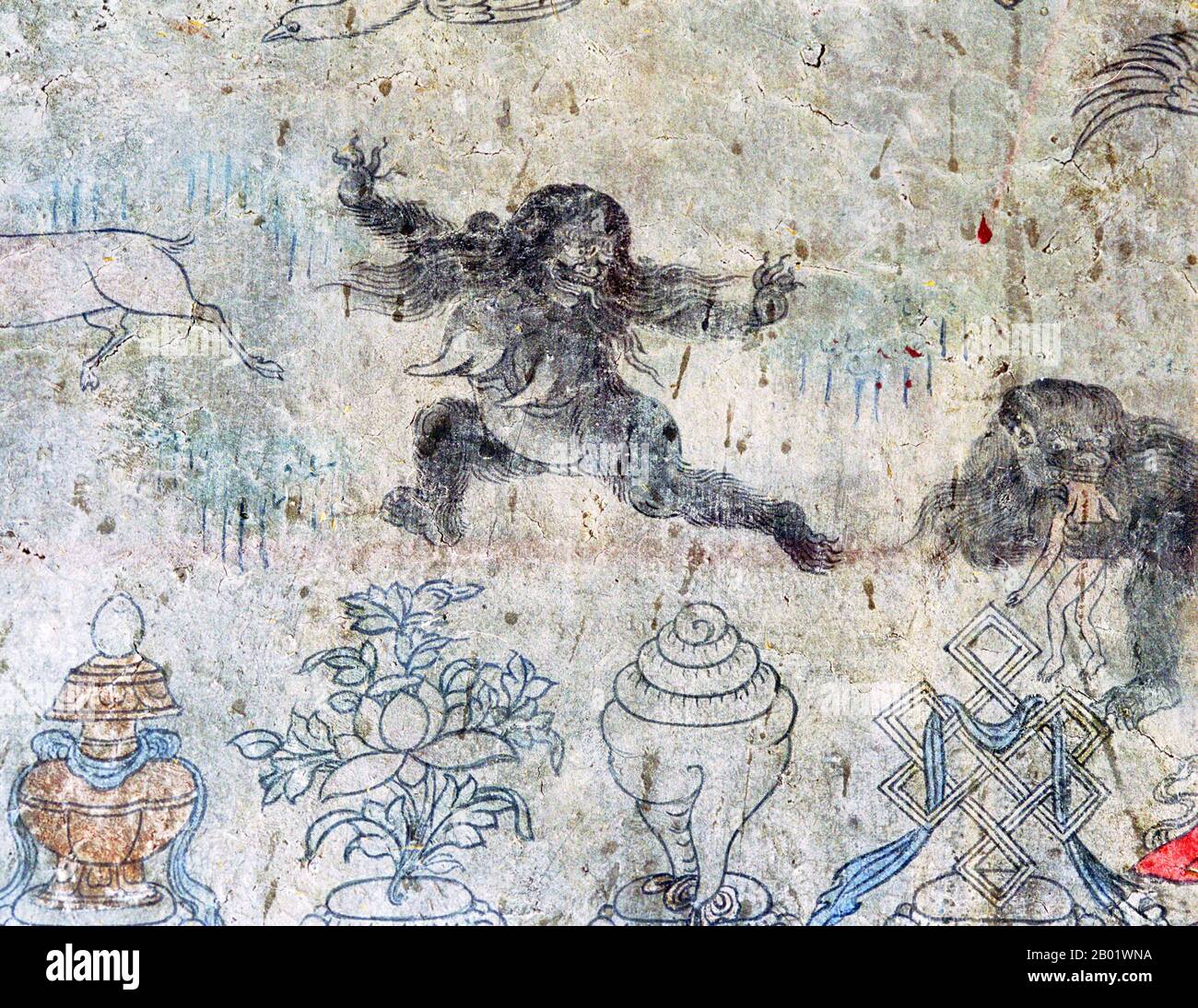 China/Tibet: Tibetisches Wandbild, das zwei "Migo" oder Yeti zeigt, einer rechts einen Menschen verzehrt, ca. Ende des 19. Jahrhunderts. Der Yeti oder Greuel Snowman ist eine affenähnliche Kryptide, die angeblich in der Himalaya-Region Nepals und Tibets leben soll. Die Namen Yeti und Meh-Teh werden häufig von den Einheimischen der Region verwendet und sind Teil ihrer Geschichte und Mythologie. Die Geschichte des Yeti tauchte erstmals im 19. Jahrhundert als Facette der westlichen Populärkultur auf. Migoi oder Mi-Go bedeutet „wilder Mann“. Stockfoto