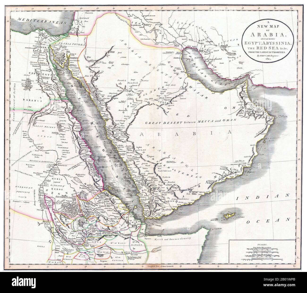 Naher Osten/Ostafrika: Eine neue Karte von Arabien, Ägypten, Abessinien und dem Roten Meer. Stich von John Cary (ca. 1754-1835), 1811. John Cary war ein englischer Kartograph. Cary absolvierte seine Lehre als Kupferstecher in London, bevor er 1783 sein eigenes Unternehmen in The Strand gründete. Bald erwarb er sich einen Ruf für seine Karten und Globen, seinen atlas, den New and Correct English Atlas, der 1787 veröffentlicht wurde und zu einem Standardwerk in England wurde. 1794 wurde Cary vom Postmaster General beauftragt, Englands Straßen zu vermessen. Dies führte zu Cary's New Itinerary (1798). Stockfoto