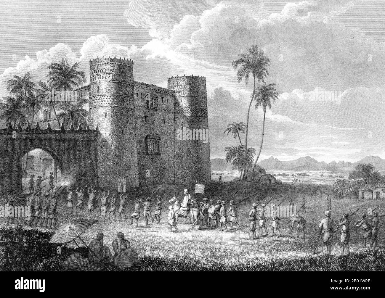 Jemen: Burg des Sultaun von Aden in Lahadj. Stich von Charles Heath (1785-1848) nach Henry Salt (1780-1827), um 1814. Lahaj, Lahij oder Lahej ist eine Stadt und ein Gebiet zwischen Ta'izz und Aden im Jemen. Vom 18. Bis zum 20. Jahrhundert gehörten die Herrscher der Familie Al-Abdali, die eine Beziehung zu Ahl al-Bayt (der Familie des Propheten Muhammad) beanspruchten. Lahij war bis 1967 die Hauptstadt des Sultanats Lahej, einem Protektorat des Britischen Reiches, als der Sultan vertrieben wurde und die Stadt Teil der Volksrepublik Südjemen wurde. Stockfoto