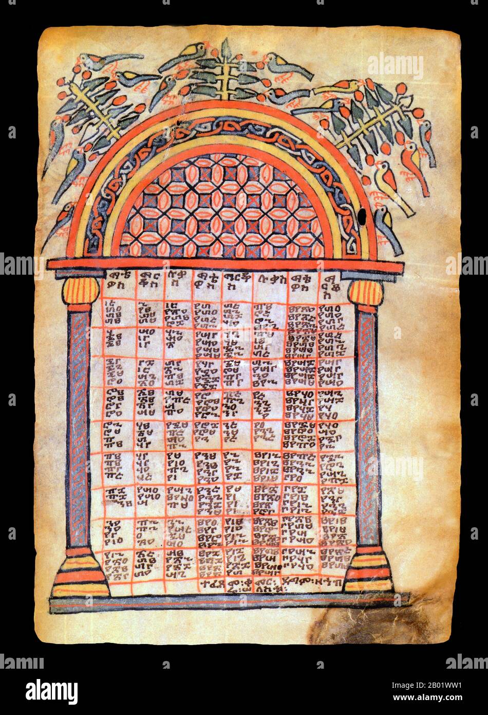 Äthiopien: Fragment einer kanonischen Tabelle, GE'EZ, 14.-15. Jahrhundert. Das Christentum in Äthiopien stammt aus dem 1. Jahrhundert n. Chr. und diese lange Tradition macht Äthiopien einzigartig unter den afrikanischen Ländern südlich der Sahara. Das Christentum in diesem Land ist in mehrere Gruppen unterteilt. Die größte und älteste ist die Äthiopisch-orthodoxe Tewahedo-Kirche, eine orientalisch-orthodoxe Kirche in Äthiopien, die bis 1959 Teil der koptisch-orthodoxen Kirche war, als sie vom koptisch-orthodoxen Papst von Alexandria und Patriarch von ganz Afrika Kyrill VI. Einen eigenen Patriarchen erhielt Stockfoto