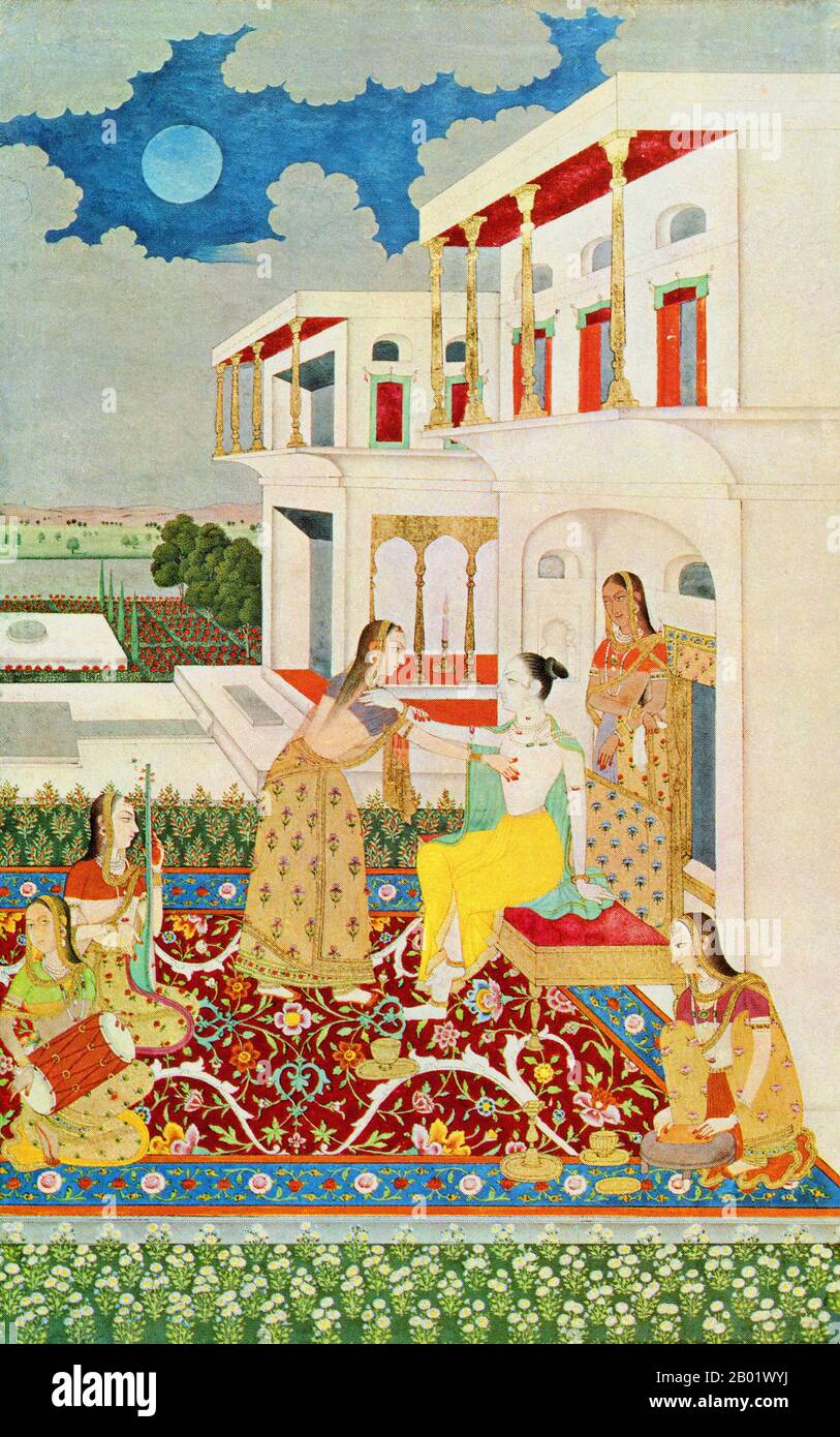 Indien: Die Liebenden Krishna und Radha spielen. Jaipur, Rajasthan, Ende des 18. Jahrhunderts. Indische Malerei hat eine sehr lange Tradition und Geschichte in der indischen Kunst. Die frühesten indischen Gemälde waren die Felsmalereien aus prähistorischer Zeit, die Petroglyphen, die man an Orten wie Bhimbetka findet, einige davon vor 5500 v. Chr.. Indiens buddhistische Literatur ist reich an Beispielen von Texten, die Paläste von Königen und der aristokratischen Klasse beschreiben, die mit Gemälden geschmückt sind, aber die Gemälde der Ajanta-Höhlen sind die bedeutendsten der wenigen Überreste. Stockfoto