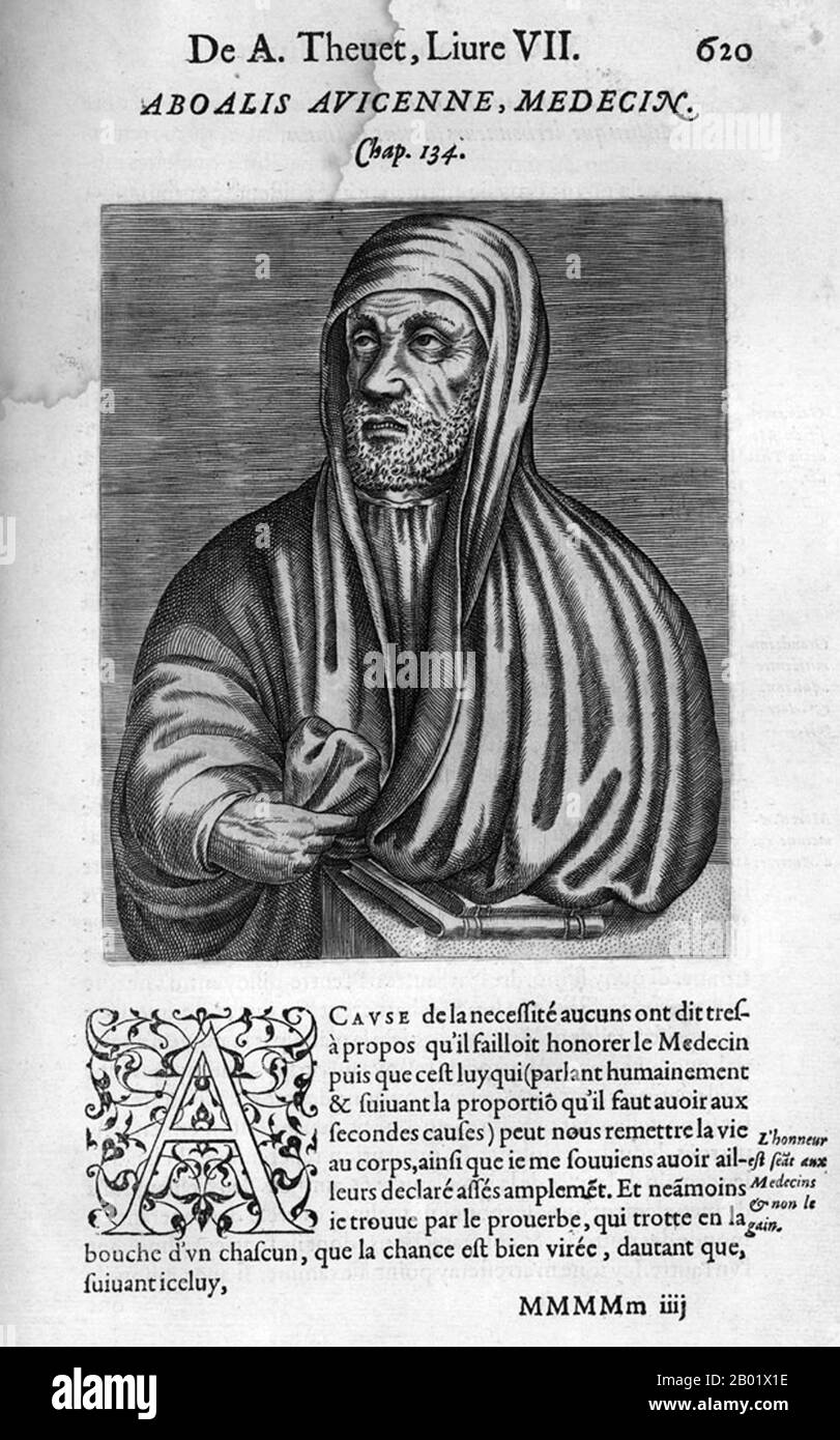 Usbekistan/Frankreich: Abū ʿAlī al-Ḥusayn ibn ʿAbd Allāh ibn Sīnā (ca. 980–1037), allgemein bekannt als Ibn Sīnā oder unter seinem lateinischen Namen Avicenna. Stich von André Théve (1504-1592), 16. Jahrhundert. Ibn Sīnā war ein persischer Polymath, der fast 450 Abhandlungen zu einer Vielzahl von Themen schrieb, von denen etwa 240 überlebt haben. 150 seiner überlieferten Abhandlungen konzentrieren sich insbesondere auf Philosophie, 40 davon auf Medizin. Seine berühmtesten Werke sind „The Book of Healing“, eine umfangreiche philosophische und wissenschaftliche Enzyklopädie, und „The Canon of Medicine“, die zu einem medizinischen Standardtext wurde. Stockfoto