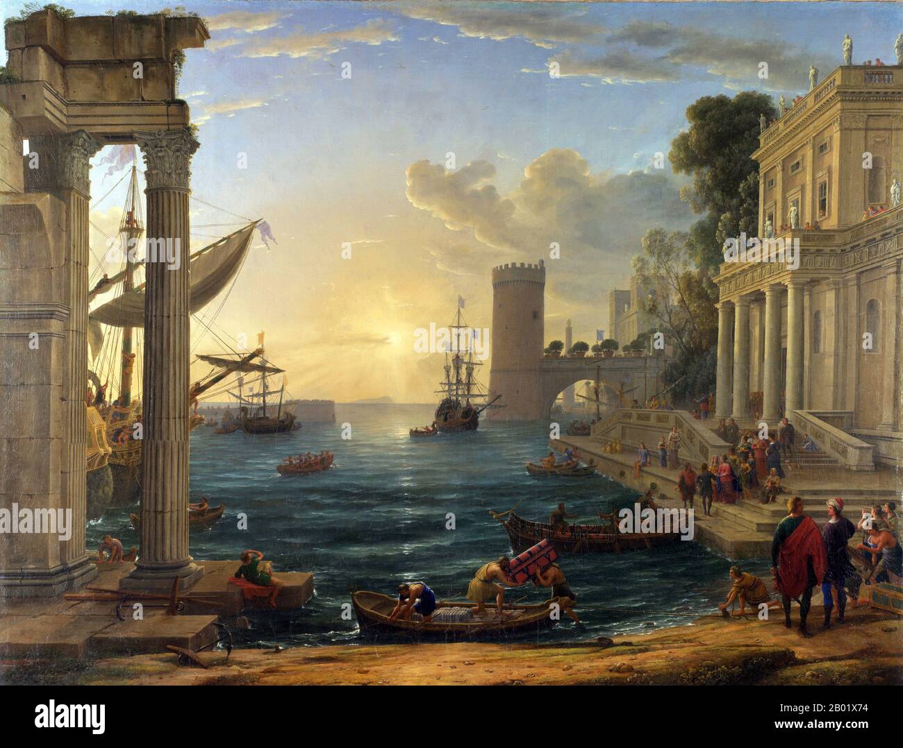 Frankreich: "Die Einschiffung der Königin von Saba". Ölgemälde auf Leinwand von Claude Lorrain (1604/1605-1682), 1648. Das Gemälde zeigt den Abgang der Königin von Saba bei einem Besuch des Königs Salomo in Jerusalem, wie im zehnten Kapitel des ersten Königsbuches beschrieben. Die Königin trägt eine pinkfarbene Tunika, einen königsblauen Mantel und eine goldene Krone und ist dabei, an Bord eines wartenden Starts zu gehen, um sie zu ihrem Schiff zu bringen. Stockfoto