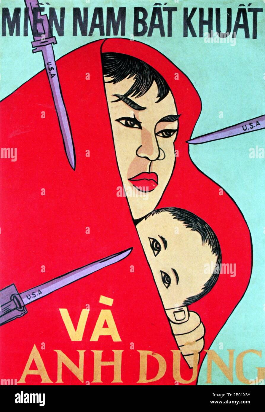 Vietnam: "Der unbezwingbare und heldenhafte Süden". Propagandaplakat der Nationalen Befreiungsfront, 1963. Die Vietcong (Vietnamesisch Việt Cộng) oder NLF (NLF) war eine politische Organisation und Armee in Südvietnam und Kambodscha, die während des Vietnamkriegs (1959–1975) gegen die Regierungen der Vereinigten Staaten und Südvietnamesiens kämpfte. Sie hatte sowohl Guerilla- als auch reguläre Armeeeinheiten sowie ein Netzwerk von Kadern, die Bauern in dem von ihr kontrollierten Gebiet organisierten. Viele Soldaten wurden in Südvietnam rekrutiert, andere wurden der Volksarmee von Vietnam (PAVN) angeschlossen. Stockfoto