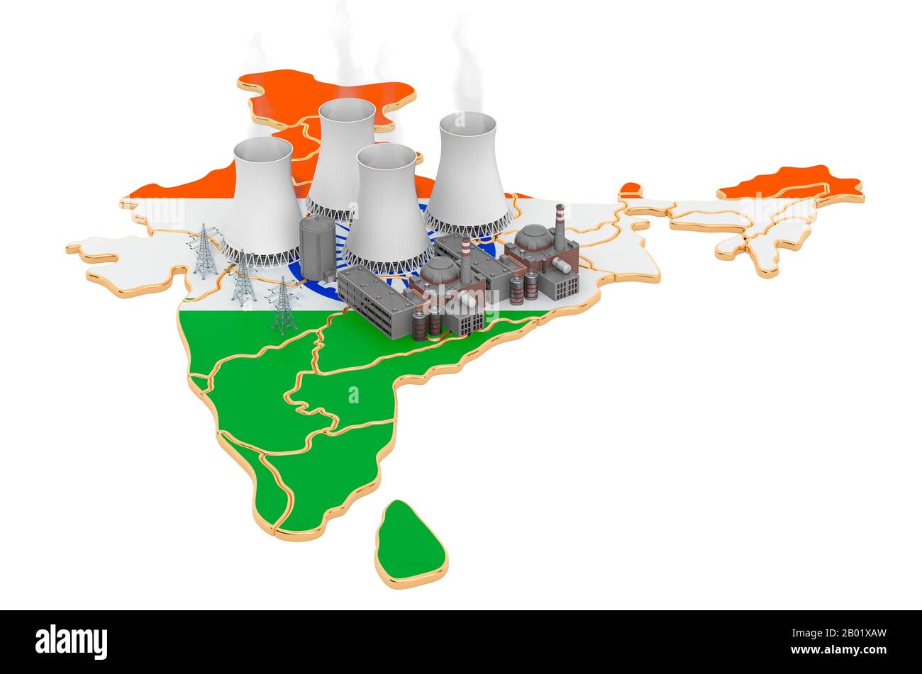 Kernkraftwerke in Indien, 3D-Rendering isoliert auf weißem Hintergrund Stockfoto