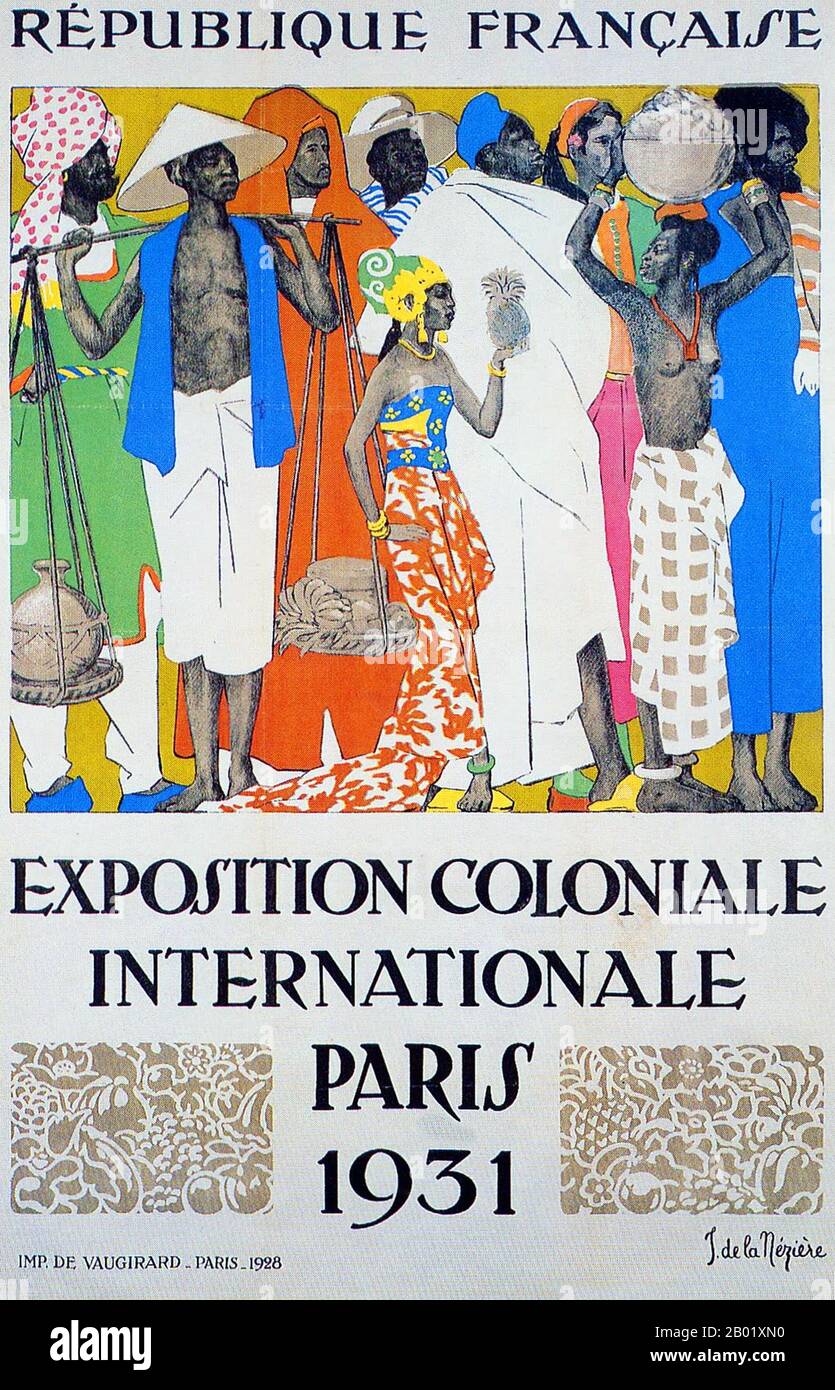 Frankreich: Ein Poster für die Ausstellung Coloniale Internationale, Paris, 1931. Joseph de la Nézière (5. August 1873 bis 15. April 1944), 1928. Die Paris Colonial Exhibition (oder „Exposition coloniale internationale“) war eine sechsmonatige Kolonialausstellung, die 1931 in Paris stattfand und in der versucht wurde, die vielfältigen Kulturen und immensen Ressourcen des französischen Kolonialbesitzes zu präsentieren. Stockfoto