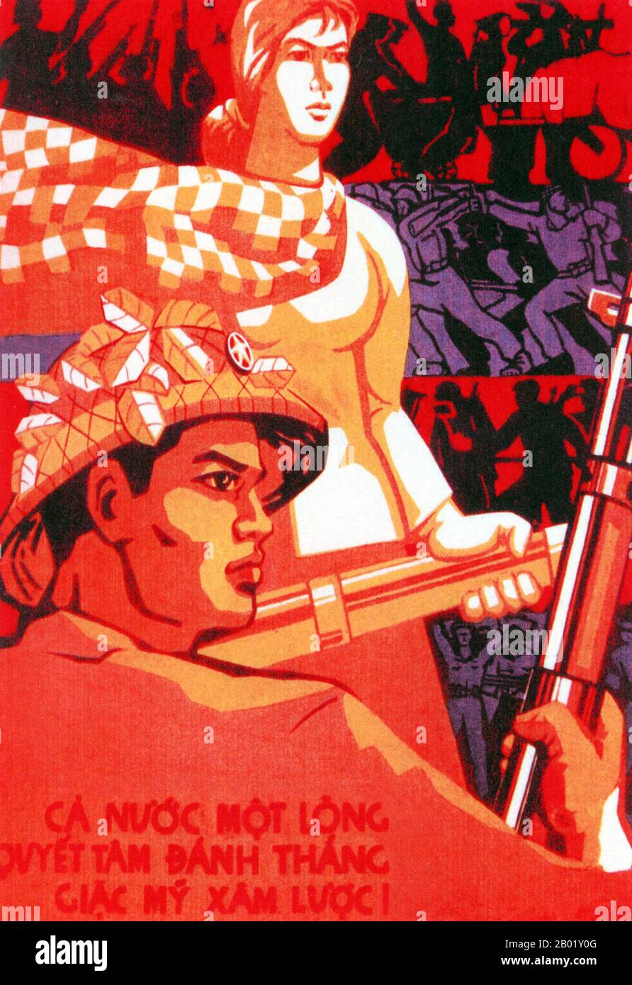 Vietnam: Poster der kommunistischen Propaganda - "alle Menschen sind entschlossen, den Sieg zu erreichen". Der zweite Indochina-Krieg, in Amerika auch Vietnam-Krieg genannt, war ein militärischer Konflikt aus der Zeit des Kalten Krieges, der sich vom 1. November 1955 bis zum Fall Saigons am 30. April 1975 in Vietnam, Laos und Kambodscha ereignete. Dieser Krieg folgte dem ersten Indochina-Krieg und wurde zwischen Nordvietnam, unterstützt von seinen kommunistischen Verbündeten, und der Regierung Südvietnams, unterstützt von den USA und anderen antikommunistischen Nationen, geführt. Stockfoto