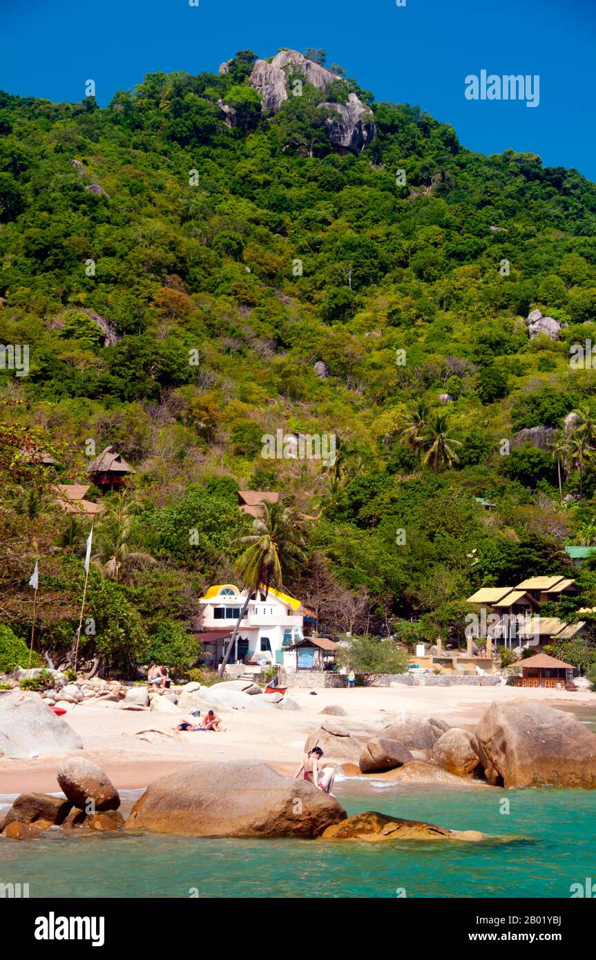 Thailand: Black Tip Diving Resort, Ao Tanot, Ko Tao (Turtle Island), Südthailand. Ko Tao oder Turtle Island, die sich mitten im Golf von Thailand befindet, wurde von den frühen Siedlern nach der buckeligen, schildkrötenähnlichen Form der Insel benannt, obwohl sie auch ein bedeutender Brutplatz für Karettschildkröten und Grüne Schildkröten ist. Die Wirtschaft der Insel, die bis auf die vorübergehenden Fischer einst unbewohnt war, dreht sich heute fast ausschließlich um Tourismus und Tauchen. Die rasche Entwicklung des Tourismus in den letzten Jahren hat sich negativ auf die Schildkrötenzucht ausgewirkt. Stockfoto