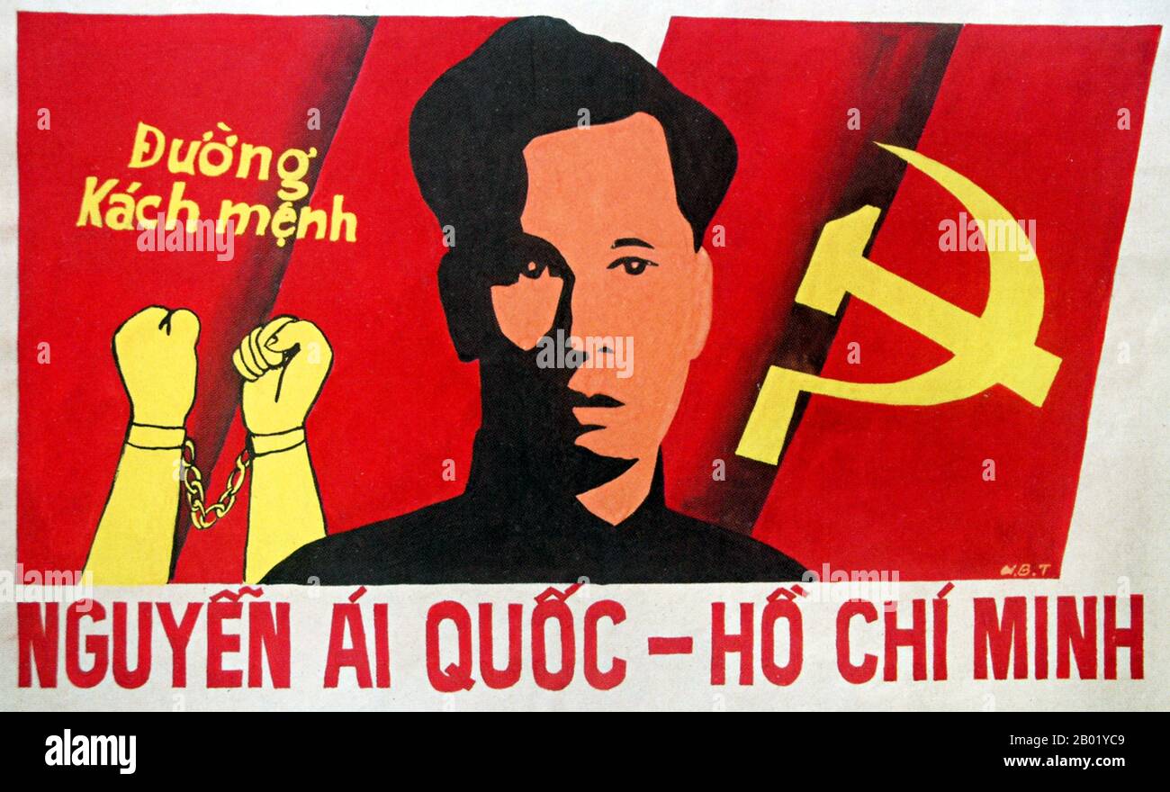 Vietnam: Poster der kommunistischen Propaganda - The Road to Revolution - Nguyen ai Quoc - Ho Chi Minh, 1963. Der zweite Indochina-Krieg, in Amerika auch Vietnam-Krieg genannt, war ein militärischer Konflikt aus der Zeit des Kalten Krieges, der sich vom 1. November 1955 bis zum Fall Saigons am 30. April 1975 in Vietnam, Laos und Kambodscha ereignete. Dieser Krieg folgte dem ersten Indochina-Krieg und wurde zwischen Nordvietnam, unterstützt von seinen kommunistischen Verbündeten, und der Regierung Südvietnams, unterstützt von den USA und anderen antikommunistischen Nationen, geführt. Stockfoto