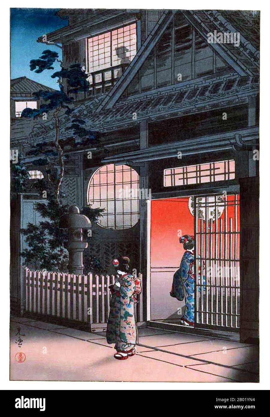 Tsuchiya Koitsu war Künstler der Shin Hanga-Bewegung. Shin hanga ("neue Drucke") war eine Kunstbewegung im Japan des frühen 20. Jahrhunderts in der Taishō- und Shōwa-Zeit, die die traditionelle ukiyo-e-Kunst, die in der Edo- und Meiji-Zeit (17. Bis 19. Jahrhundert) verwurzelt war, revitalisierte. Die Bewegung florierte von etwa von 1915 bis 1942, obwohl sie von 1946 bis in die 1950er Jahre kurzzeitig wieder aufgenommen wurde. Inspiriert vom europäischen Impressionismus haben die Künstler westliche Elemente wie die Auswirkungen des Lichts und den Ausdruck individueller Stimmungen integriert, konzentrierten sich aber auf streng traditionelle Themen der Landschaften (fukeiga), berühmter Ort Stockfoto