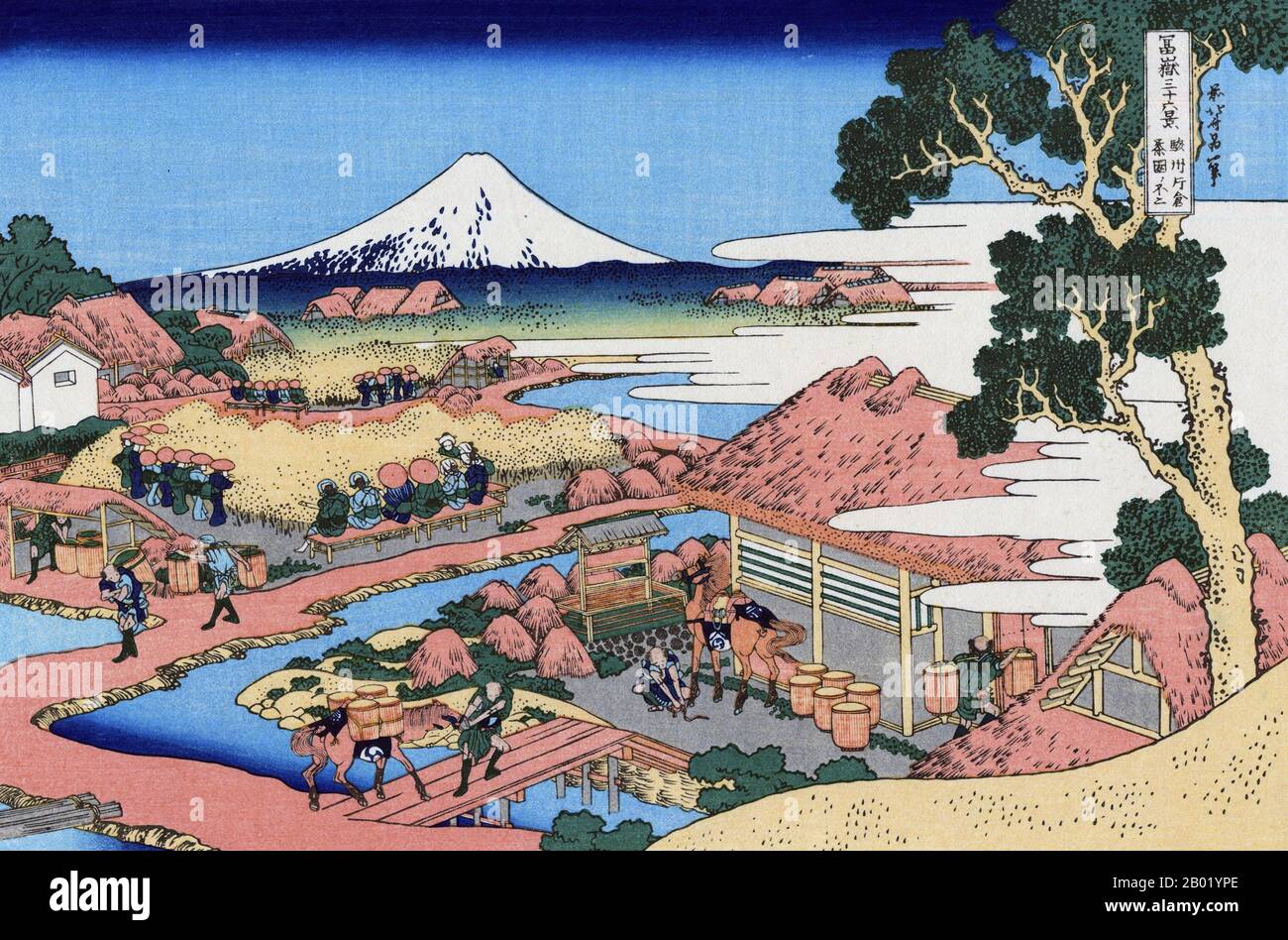 "Sechsunddreißig Blicke auf den Berg Fuji" ist eine "Ukiyo-e"-Serie großer Farbholzdrucke des japanischen Künstlers Katsushika Hokusai (170-1849). Die Serie zeigt den Fuji in unterschiedlichen Jahreszeiten und Wetterbedingungen von verschiedenen Orten und Entfernungen. Es besteht tatsächlich aus 46 Drucken, die zwischen 1826 und 1833 entstanden sind. Die ersten 36 wurden in die Originalveröffentlichung aufgenommen und aufgrund ihrer Popularität kamen nach der Originalveröffentlichung 10 weitere hinzu. Mount Fuji ist mit 3.776 m (12.389 ft) der höchste Berg Japans. Der Berg Fuji ist ein aktiver Stratovulkan, der zuletzt 1707-08 ausbrach Stockfoto