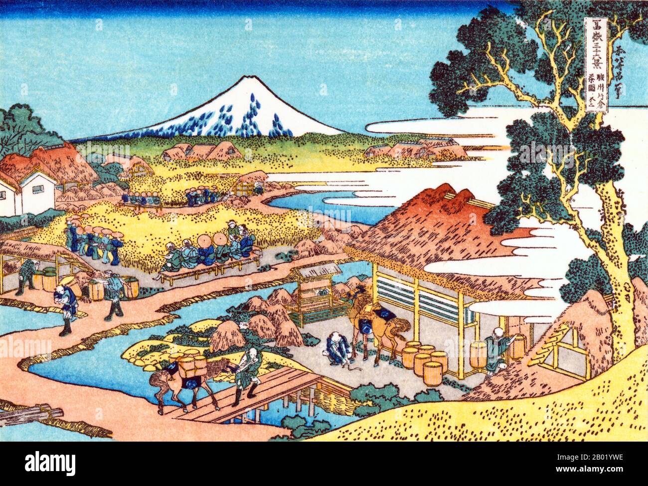 "Sechsunddreißig Blicke auf den Berg Fuji" ist eine "Ukiyo-e"-Serie großer Farbholzdrucke des japanischen Künstlers Katsushika Hokusai (170-1849). Die Serie zeigt den Fuji in unterschiedlichen Jahreszeiten und Wetterbedingungen von verschiedenen Orten und Entfernungen. Es besteht tatsächlich aus 46 Drucken, die zwischen 1826 und 1833 entstanden sind. Die ersten 36 wurden in die Originalveröffentlichung aufgenommen und aufgrund ihrer Popularität kamen nach der Originalveröffentlichung 10 weitere hinzu. Mount Fuji ist mit 3.776 m (12.389 ft) der höchste Berg Japans. Der Berg Fuji ist ein aktiver Stratovulkan, der zuletzt 1707-08 ausbrach Stockfoto