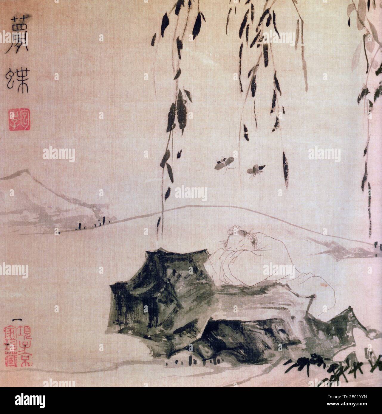 China: "Zhuangzi träumt von einem Schmetterling". Tusche auf Seidenalbum Blatt Gemälde von Lu Chin, Mitte des 16. Jahrhunderts. Zhuangzi war ein einflussreicher chinesischer Philosoph, der um das 4. Jahrhundert v. Chr. während der Zeit der kriegerischen Staaten lebte, eine Periode, die dem philosophischen Gipfel des chinesischen Denkens entsprach – den Hundert Schulen des Denkens. Ihm wird zugeschrieben, dass er – teilweise oder ganz – ein Werk geschrieben hat, das unter seinem Namen bekannt ist, die Zhuangzi. Sein Name Zhuangzi („Meister Zhuang“, wobei Zi ein Ehrenzeichen ist) wird manchmal Zhuang Tze, Zhuang Zhou, Chuang Tsu, Chuang Tzu, Chouang-DSI, Chuang TSE oder Chuangtze. Stockfoto