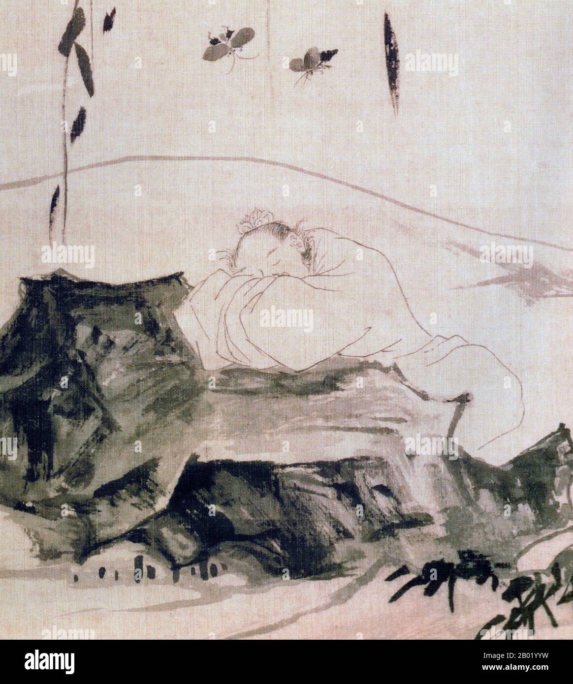 China: "Zhuangzi träumt von einem Schmetterling". Tusche auf Seidenalbum Blatt Gemälde von Lu Chin, Mitte des 16. Jahrhunderts. Zhuangzi war ein einflussreicher chinesischer Philosoph, der um das 4. Jahrhundert v. Chr. während der Zeit der kriegerischen Staaten lebte, eine Periode, die dem philosophischen Gipfel des chinesischen Denkens entsprach – den Hundert Schulen des Denkens. Ihm wird zugeschrieben, dass er – teilweise oder ganz – ein Werk geschrieben hat, das unter seinem Namen bekannt ist, die Zhuangzi. Sein Name Zhuangzi („Meister Zhuang“, wobei Zi ein Ehrenzeichen ist) wird manchmal Zhuang Tze, Zhuang Zhou, Chuang Tsu, Chuang Tzu, Chouang-DSI, Chuang TSE oder Chuangtze. Stockfoto