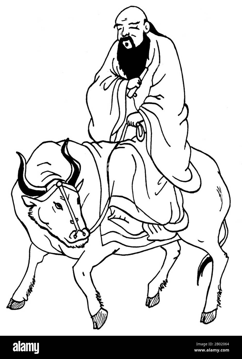 China: Linienzeichnung von Laozi, der auf seinem Ochsen reitet, Künstler und Datum unbekannt. Laozi (Lao Tzu, ca. 6. Jahrhundert v. Chr.) war ein mystischer Philosoph des alten China. Seine Verbindung mit dem Daodejing (Tao Te Ching) hat ihn traditionell als den Gründer des Taoismus (auch „Daoismus“ genannt) angesehen. Er wird auch als Gottheit in den meisten religiösen Formen der taoistischen Religion verehrt, die Laozi oft als Taishang Laojun oder als „einer der drei reinen“ bezeichnet. Laozi bedeutet wörtlich aus dem Chinesischen übersetzt „alter Meister“ oder „alter Meister“ und wird allgemein als ehrenhaft angesehen. Stockfoto